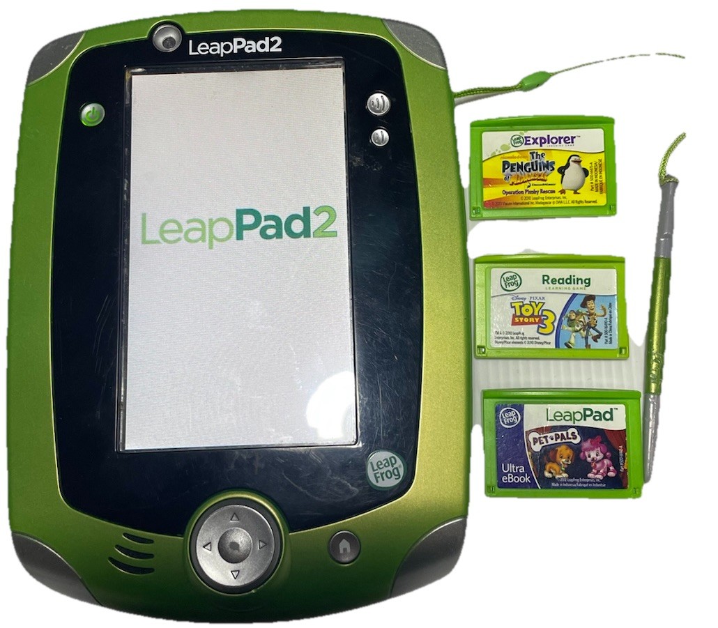 LeapFrog LeapPad2 Explorer Green Tablet w/Stylus & 3 Game Cartridges