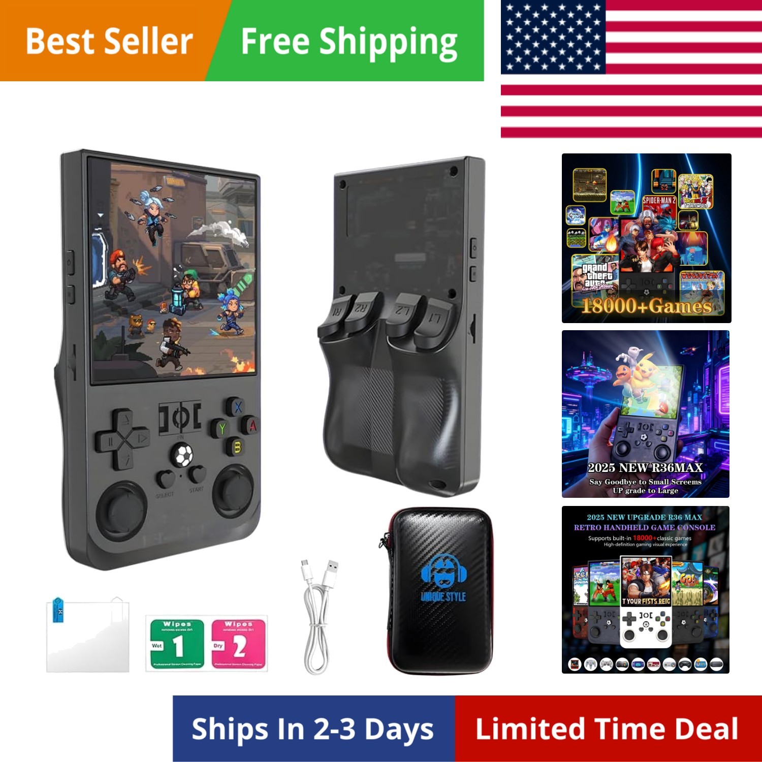 R36MAX Retro Handheld Game Console, 64GB Built-in Games, 4.0″ IPS Screen, Sav…