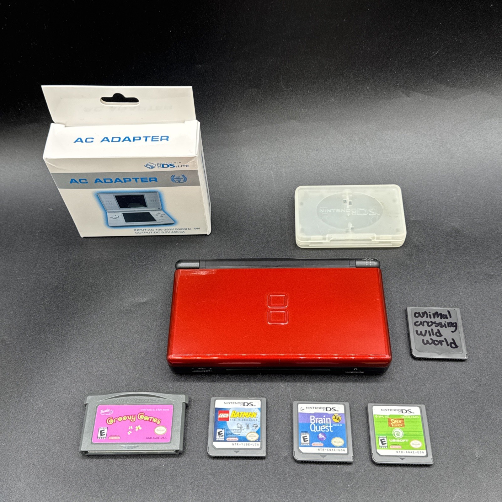Nintendo DS Lite Console USG-001 Crimson Red/Black w/5 Games/New Charger/Tested
