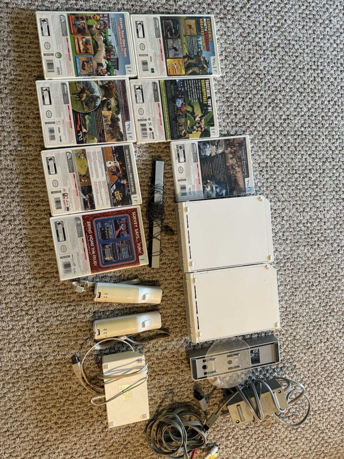 2 Lot Nintendo Wii Console RVL 001 Lot 2 Wii Remotes, Wires, 8 Games + More