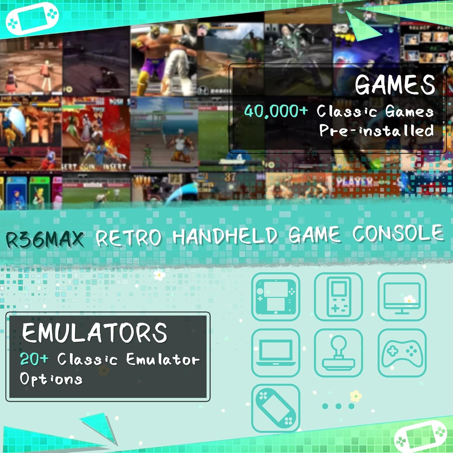 R36MAX 256GB Retro Handheld 40000 Games Transparent Blue