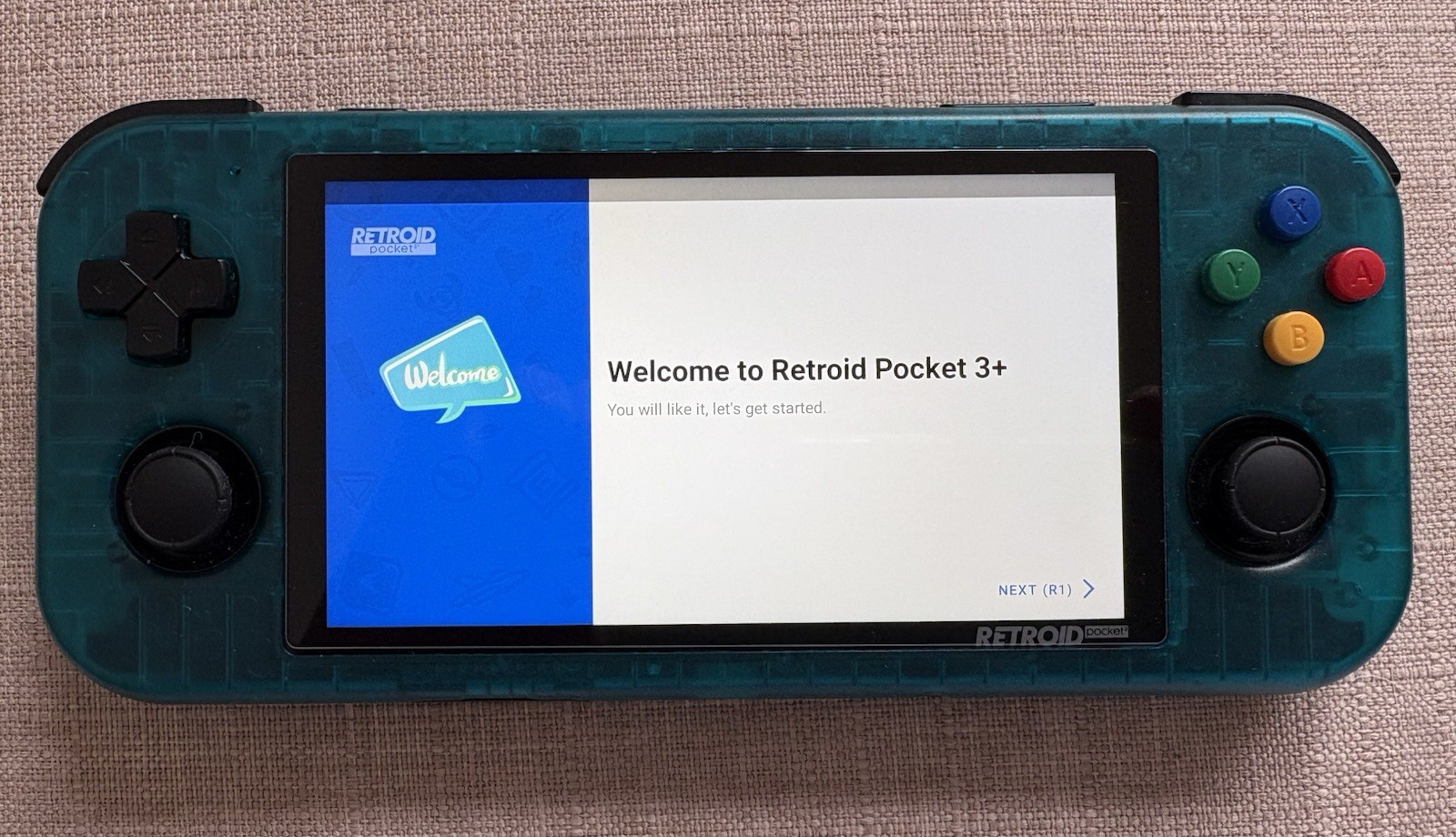 Retroid Pocket 3+ Handheld Gaming Console Complete Transparent Teal-Blue w/Case