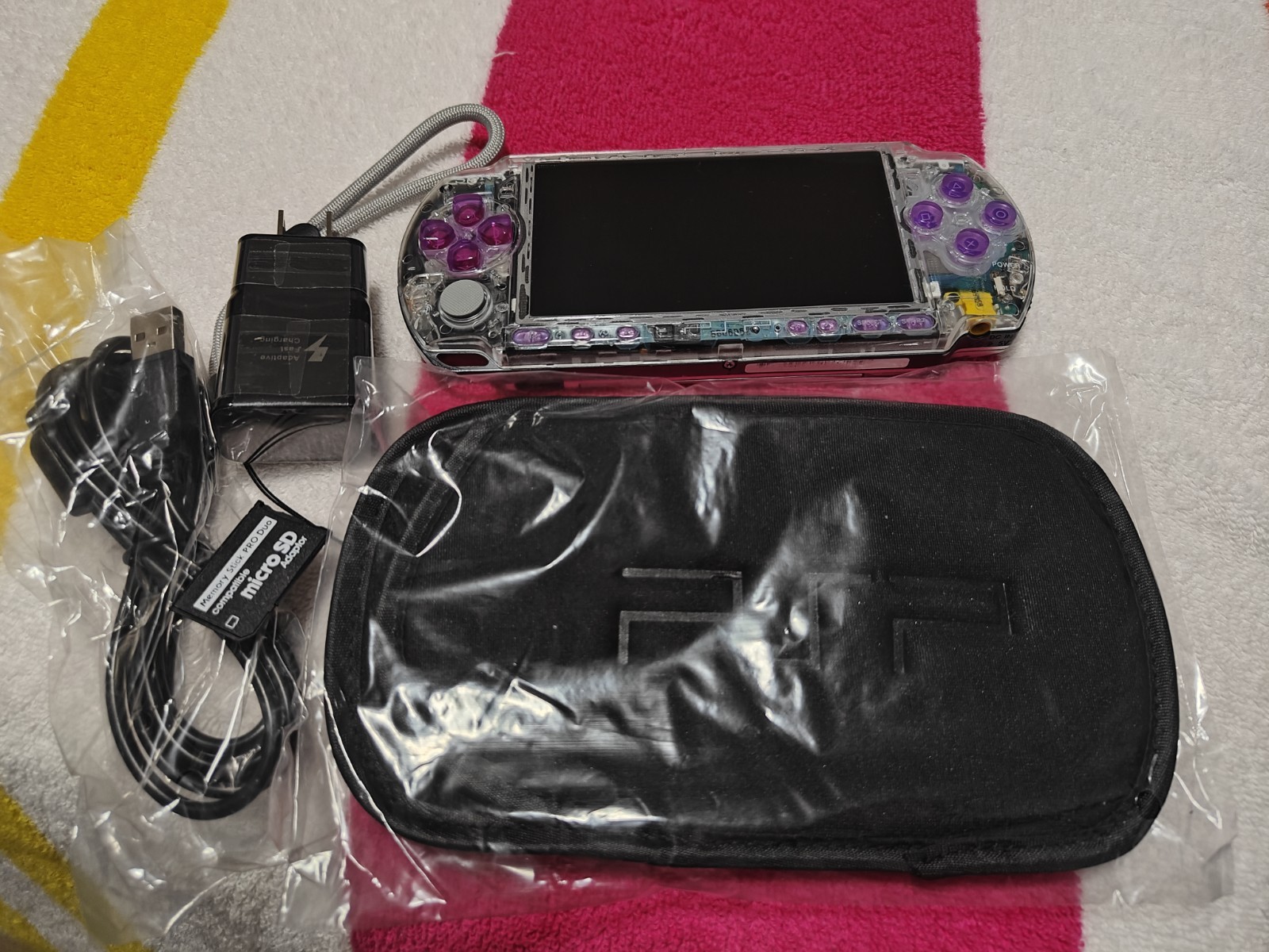 Clear Front Purple Buttons Sony PSP 3000 System Charger 128gb Mem Card Set