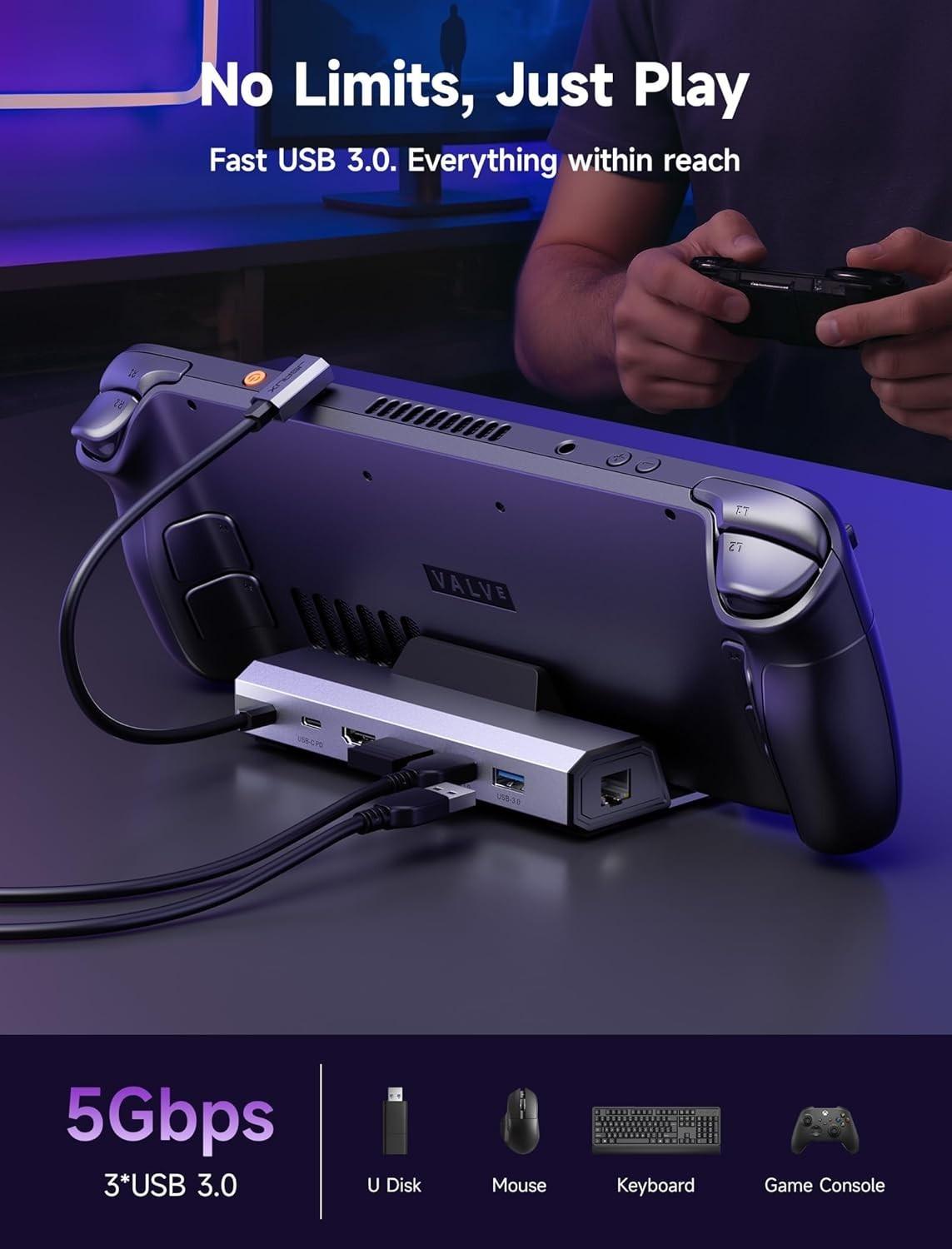 Compact 4K@120Hz Docking Station with 100W Charging for Steam Deck & Legion Go