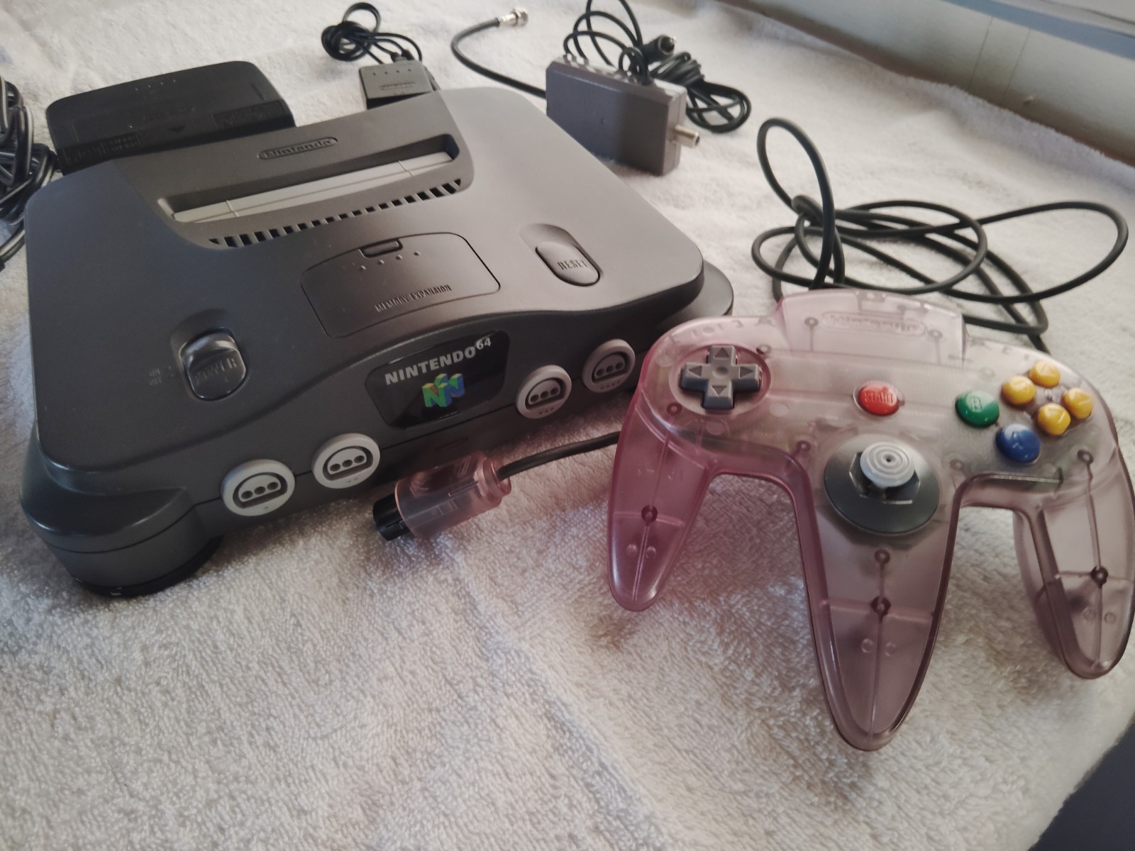 Nintendo 64 Gray Console with Purple Controller and Cables