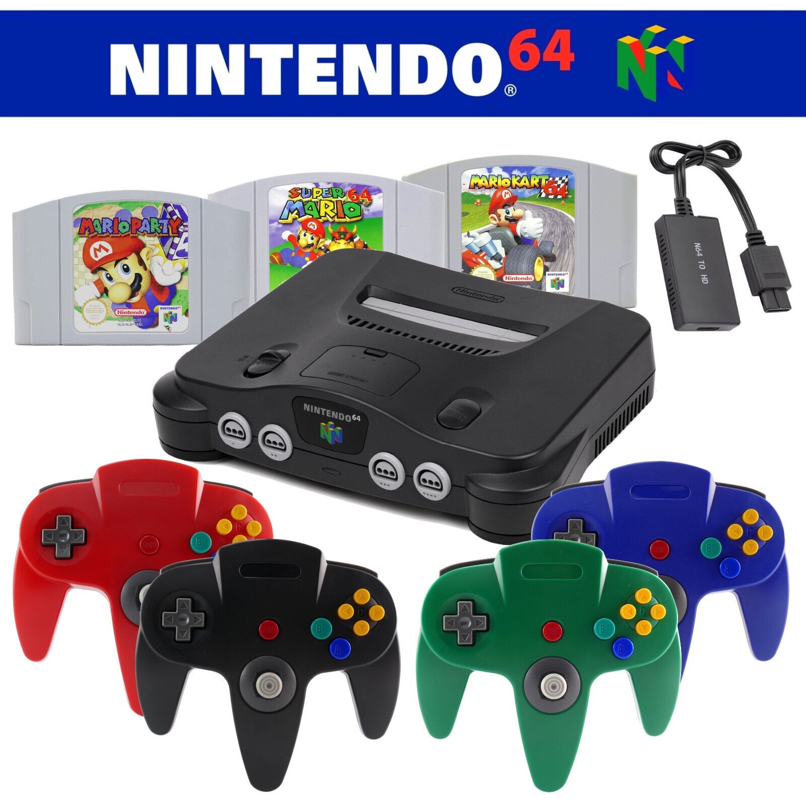 Nintendo 64 N64 Console + 1 2 3 4 Controllers 🎮✅ Mario Classic & HDMI Choice