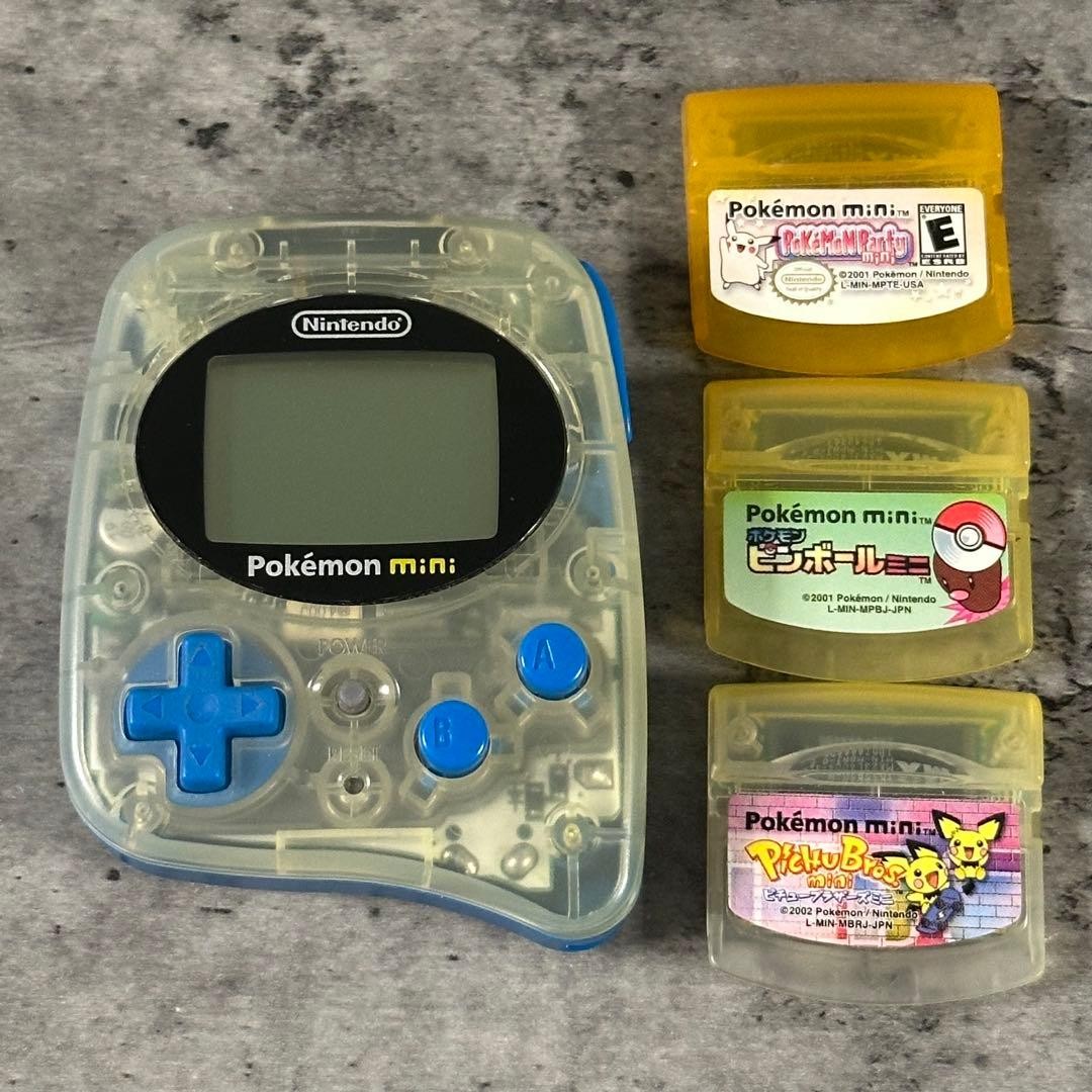 Nintendo Pokémon mini Console Clear + 3 Games Pichu Bros Party Pinball Tested