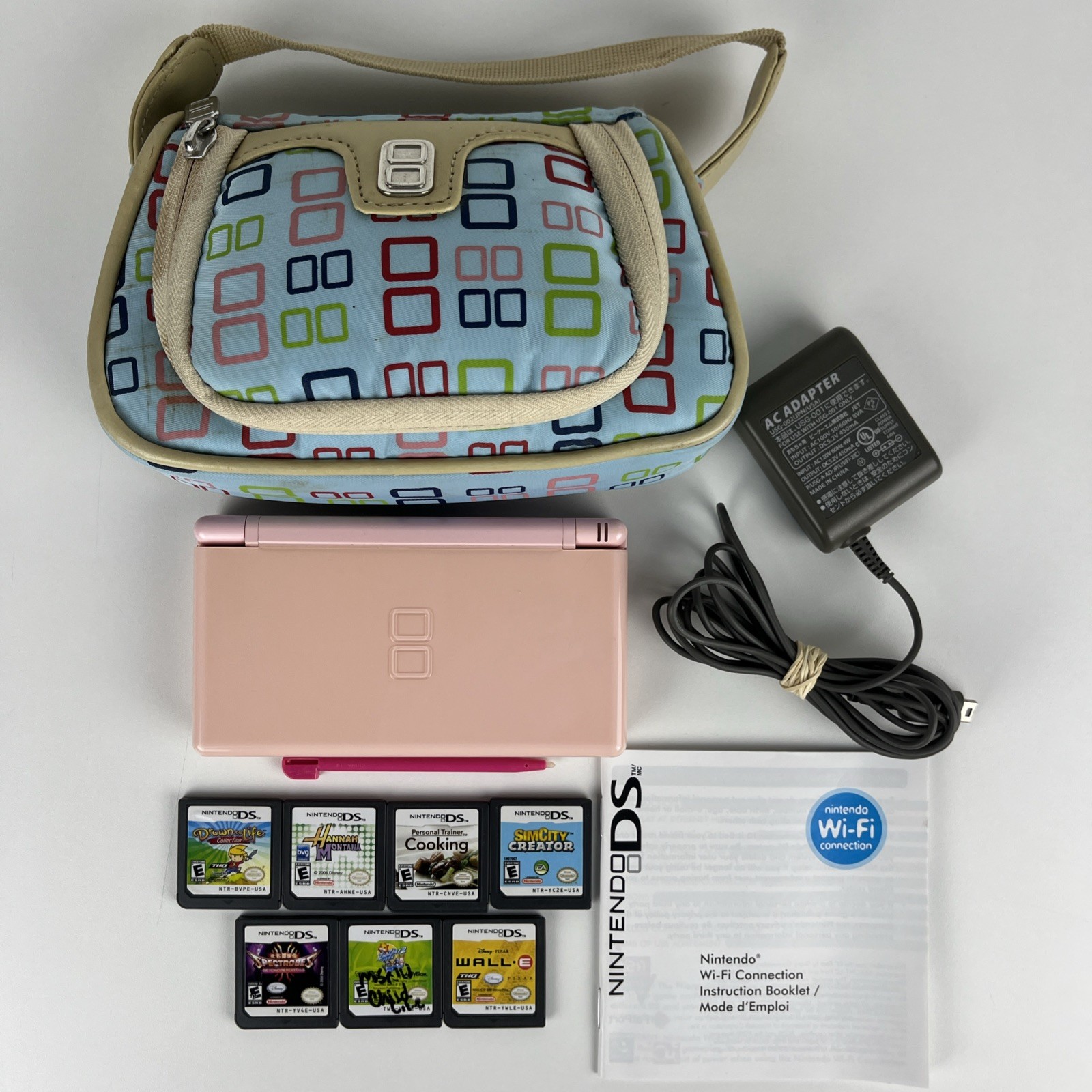 Nintendo DS Lite Game Console USG-001 Coral Pink + 7 Games (Drawn to Life)& Case