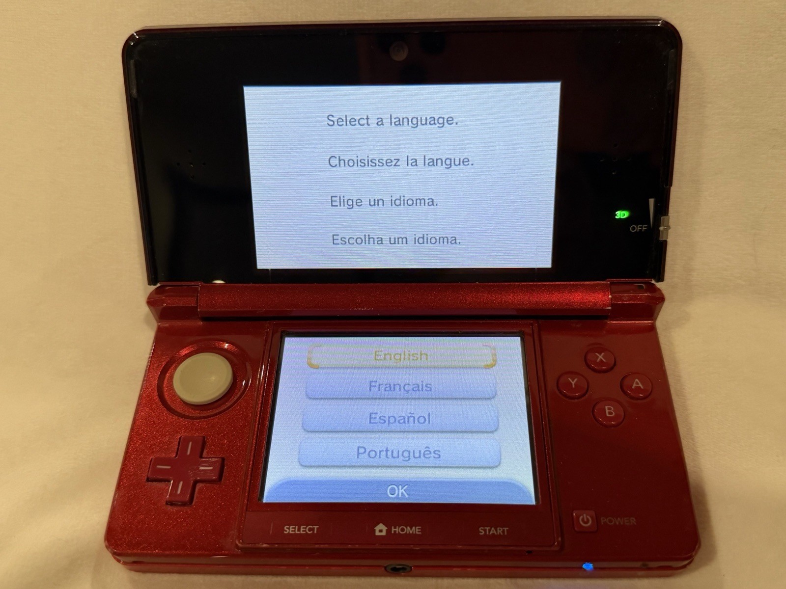 Nintendo 3DS Flame Red CTR-001 USA with 4 Games Mario & Sonic , Raving Rabbids