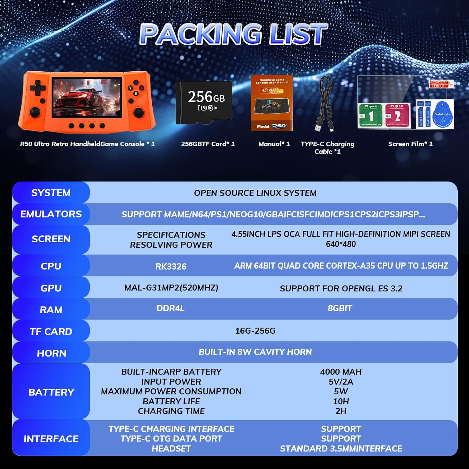 【50000 in 1】 R50 Ultra Handheld Game Console 4.5 Inch IPS Screen Mini Retro Cons