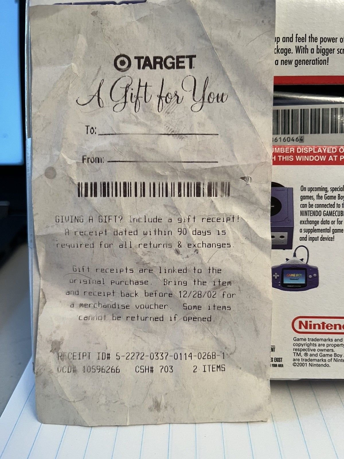 Nintendo Game Boy Advance Console System Indigo GBA New Sealed! Xmas ’02 receipt