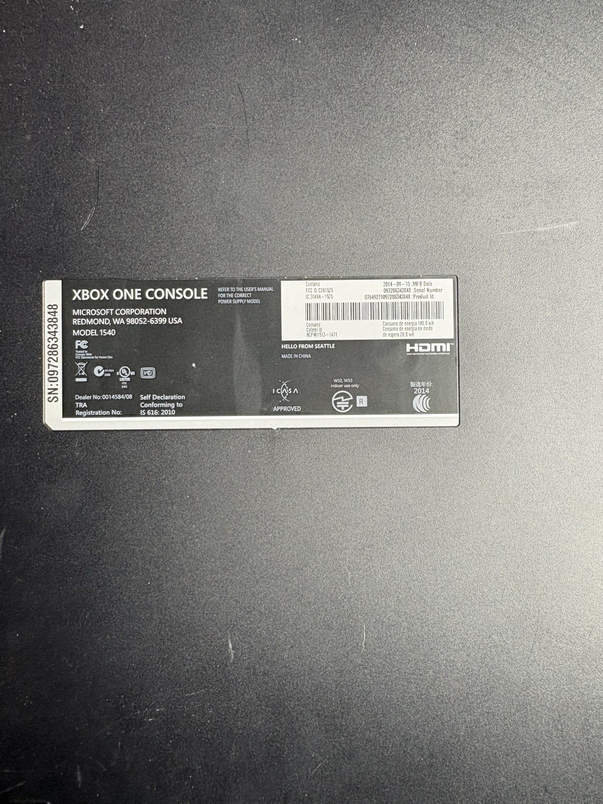 MICROSOFT XBOX ONE GAMING CONSOLE | 1540 | 500GB | BLACK | NO POWER CABLE/ PARTS