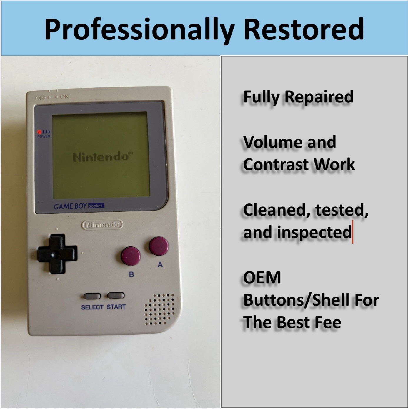 SCARCE* PROFESSIONALLY RESTORED OEM Game Boy Pocket Console (DMG Style) Handheld