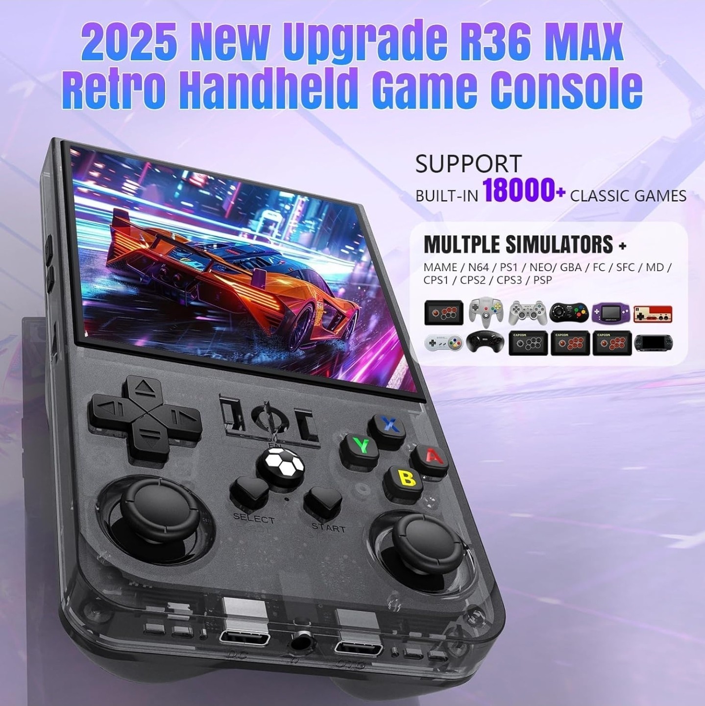 R36MAX Black Handheld Game Console 64GB Wi-Fi USB-C Multiple Simulators 2025