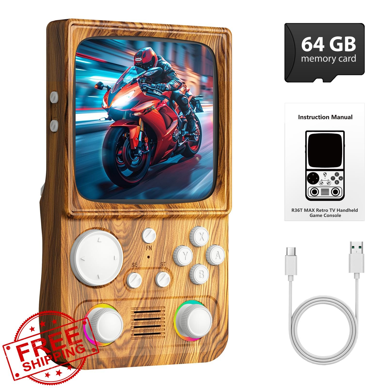 WDYQJE R36TMAX Retro Game Console Wood Grain Brown