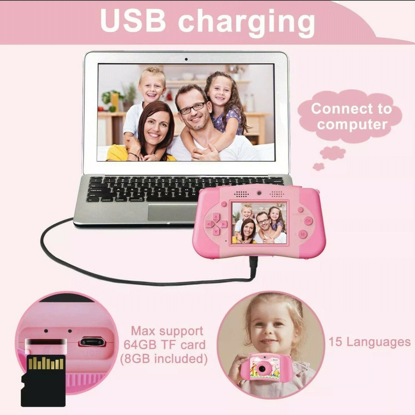 PROGRACE Kids Camera Portable Handheld Console Game for Toddler 4-12 – Pink.