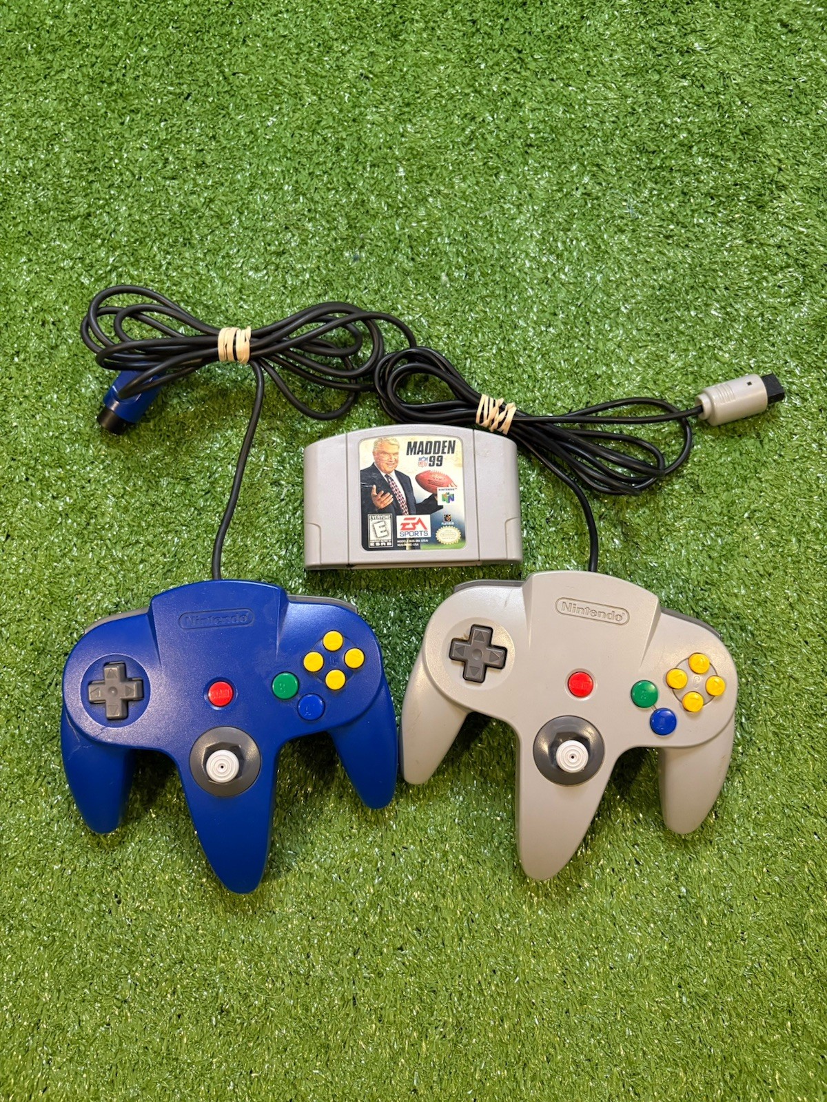 Original Nintendo 64 Controllers + Madden 99 Bundle Gray Blue NFL N64 OEM