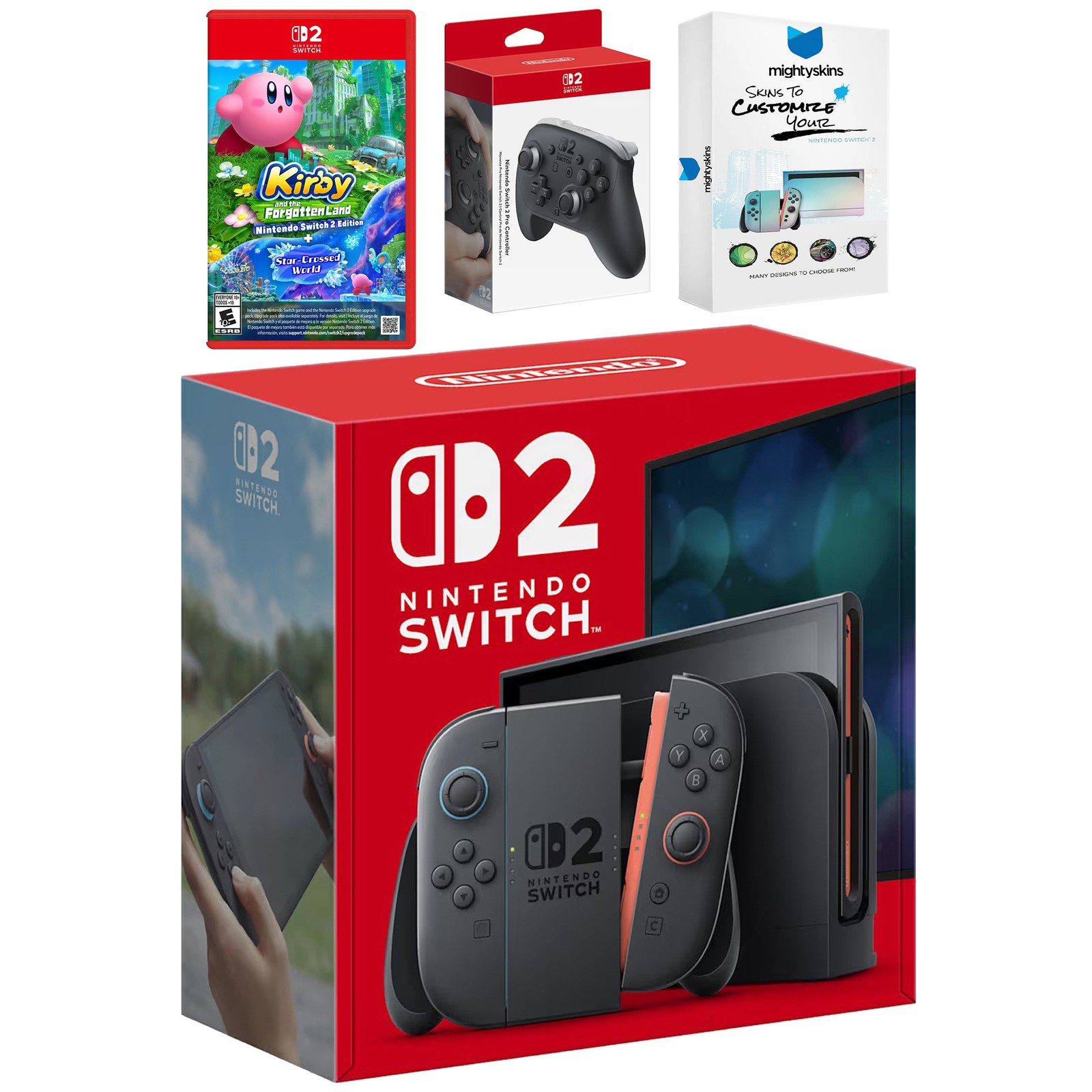 Nintendo Switch 2 + Kirby The Forgotten Land, Pro Controller, MightySkins Code