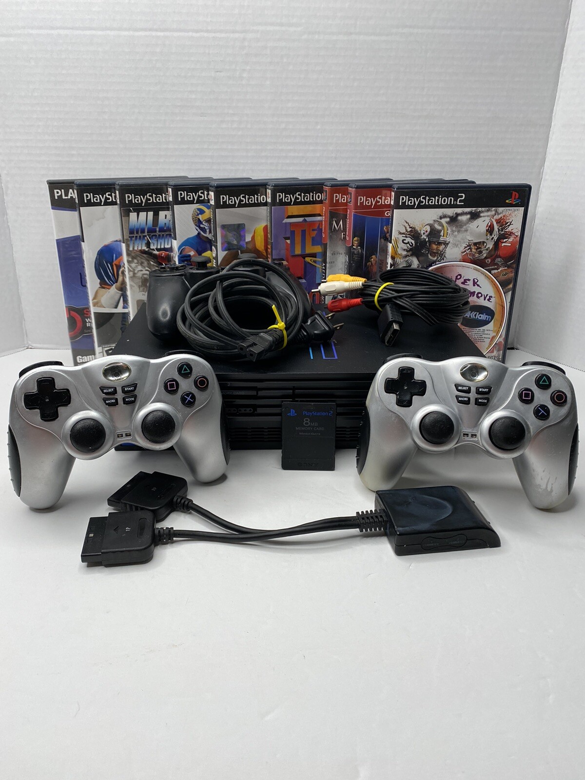 Sony PS2 PlayStation 2 W/ 3 Controllers 10 Games 8MB Card And Cords