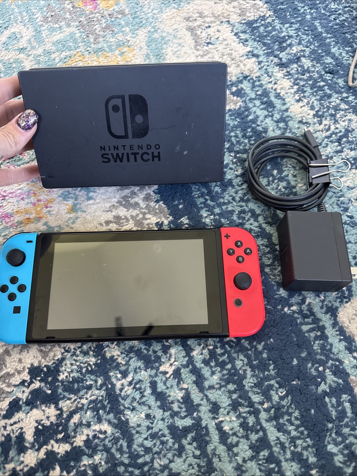 Nintendo Switch Console Neon Red Blue Bundle With Charger And Docking Station