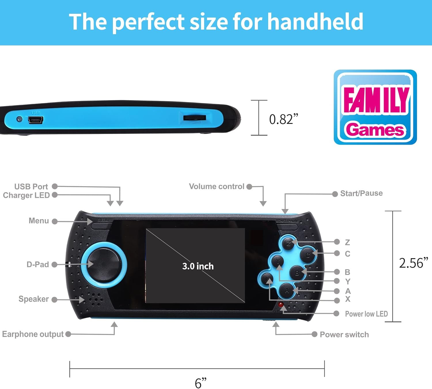 16 Bit Handheld Game for Kids Built-In 230 HD Classic Retro Video Games USB Rech