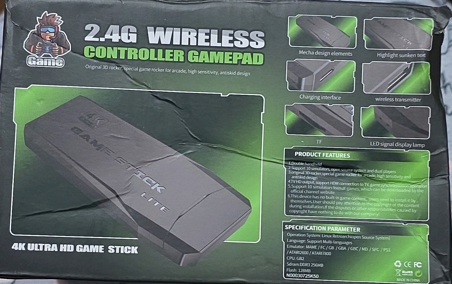 Game Stick Lite 4K UHD HDMI Microconsole 64GB WiFi 2.4G Controller, Black