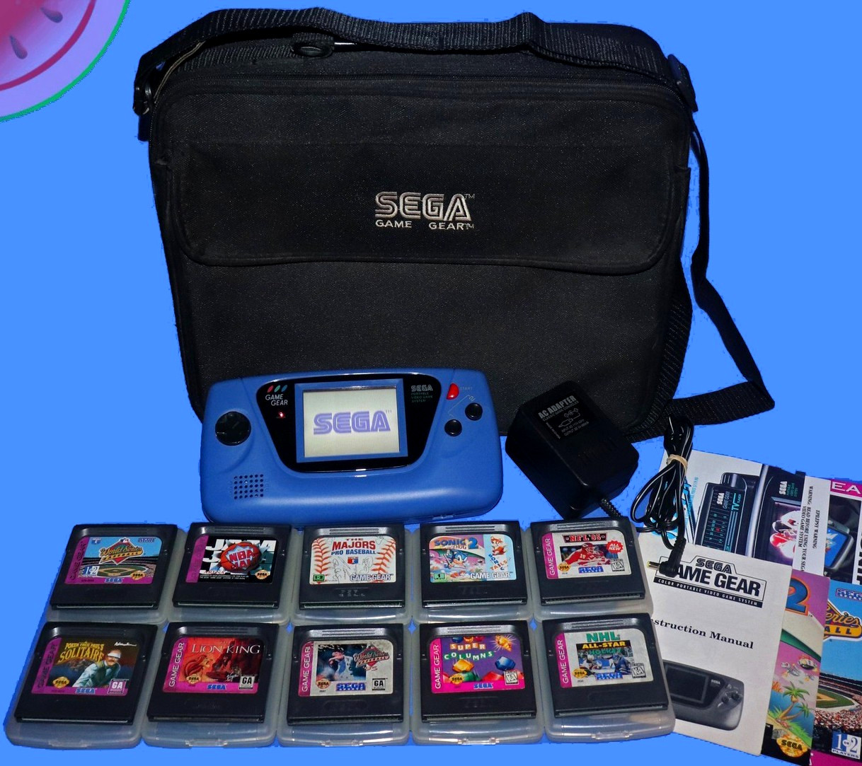 WORKING Blue Sega GAME GEAR System Recapped, 10 Games, Glass Lens, Carrying Case