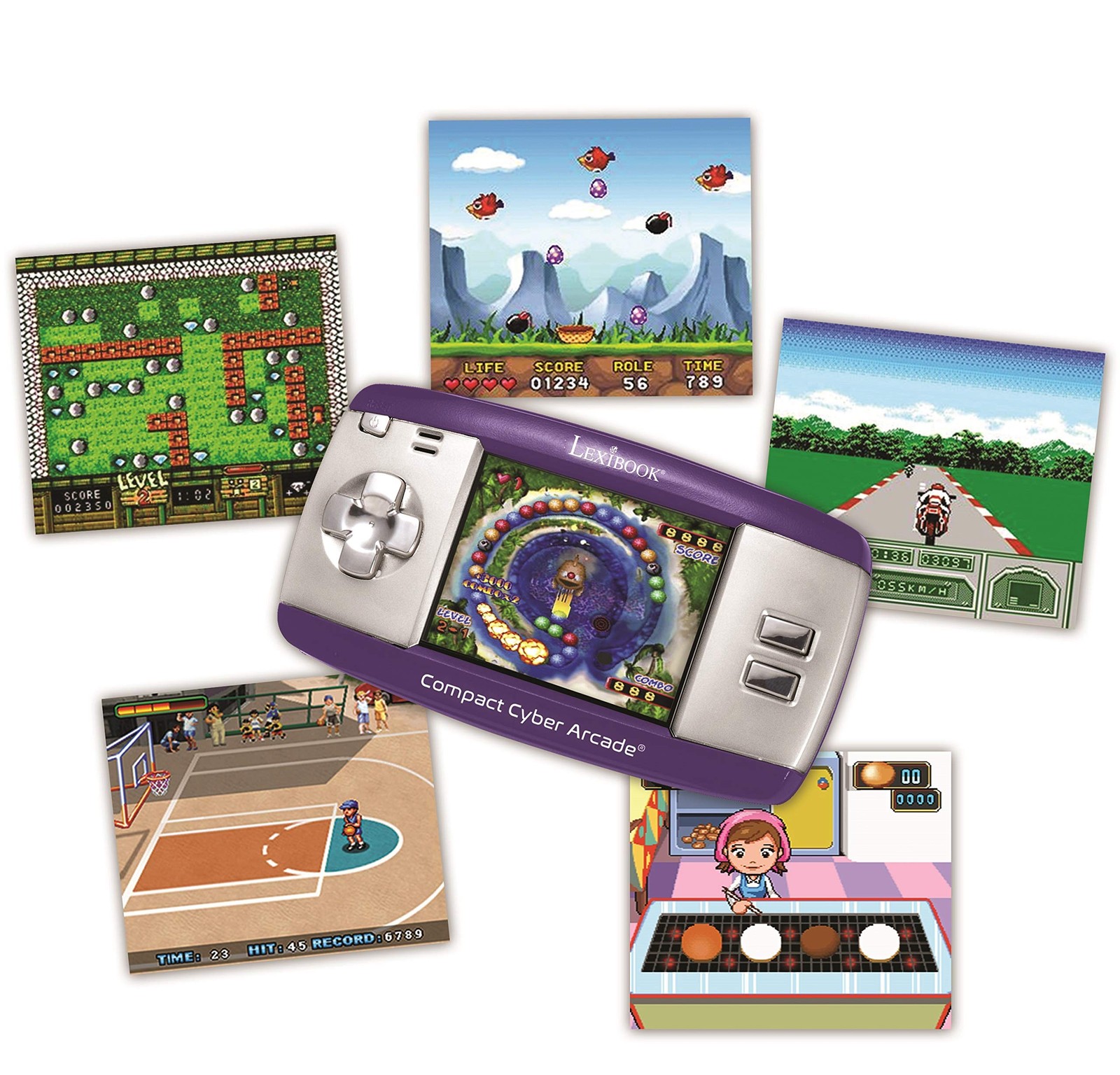Compact Cyber Arcade Portable Gaming Console, 250 Games, LCD, Purple, JL2375PR