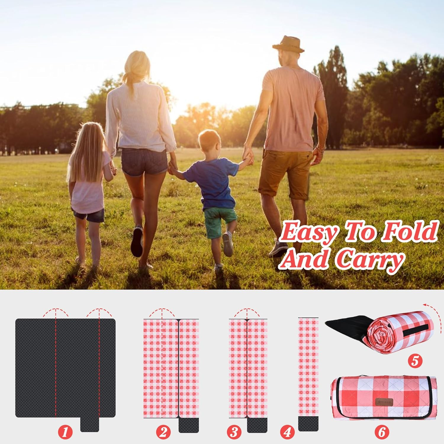 Outdoor Picnic Blanket, Extra Large, 80”X80” Waterproof Foldable Blankets Ging