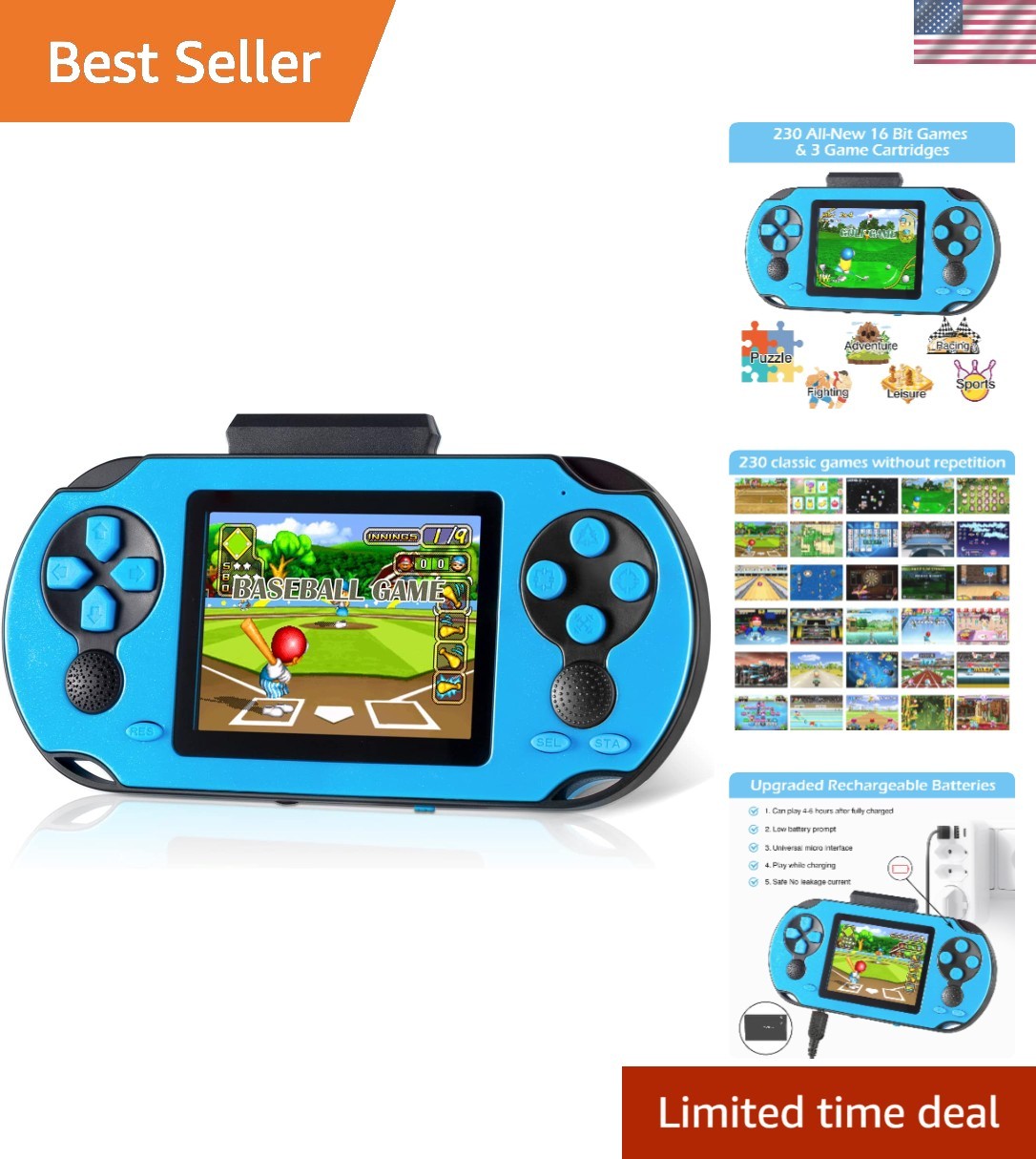 Educational 16-Bit Handheld Console – 230 Games for Kids & Adults – Gift Ready