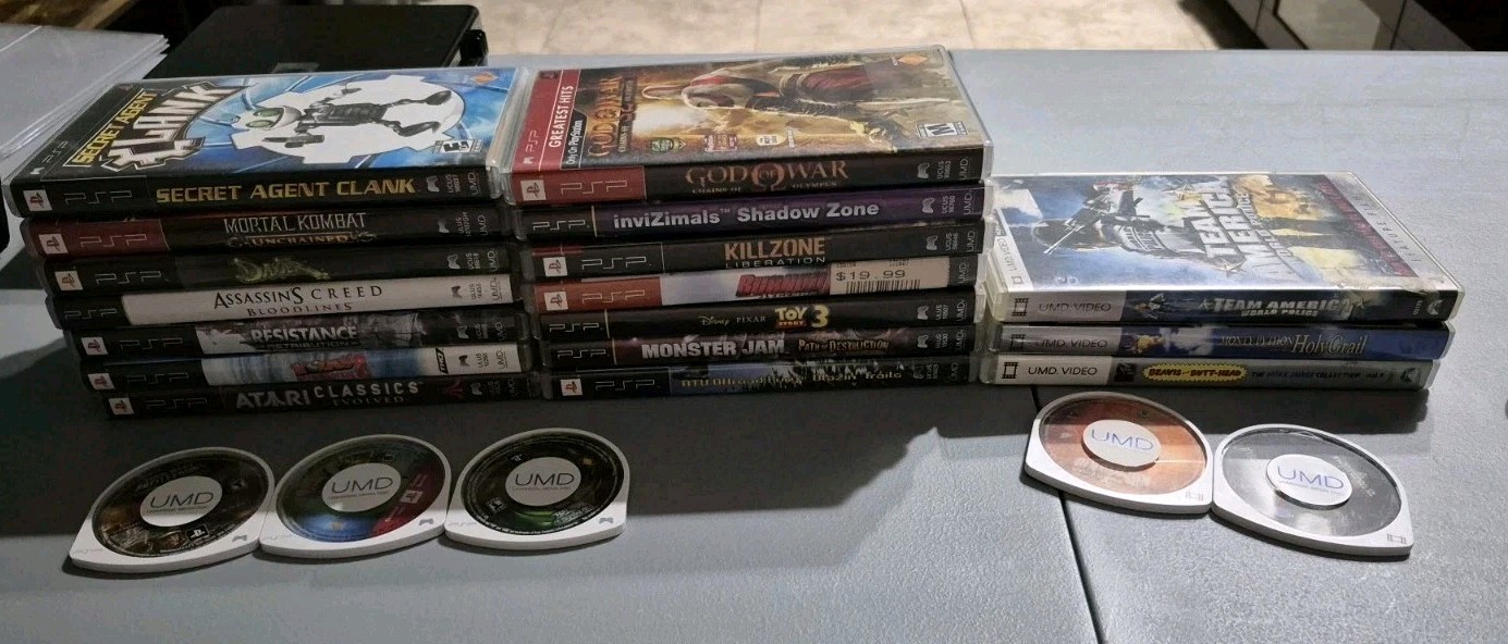 Sony PSP Silver w/ Games and Movies Lot Sale With Box and Accessories TESTED