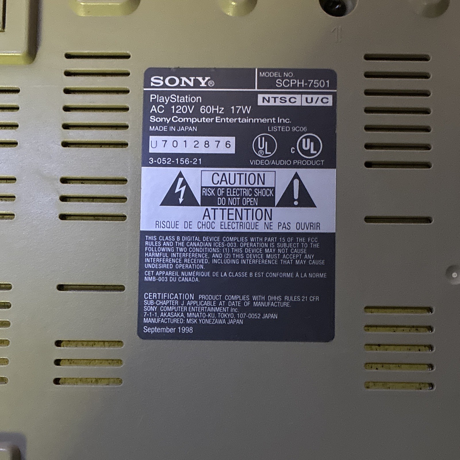 Sony PlayStation 1 Console SCPH-7501 NTSC-U/C Gray w/Controller AV/Power