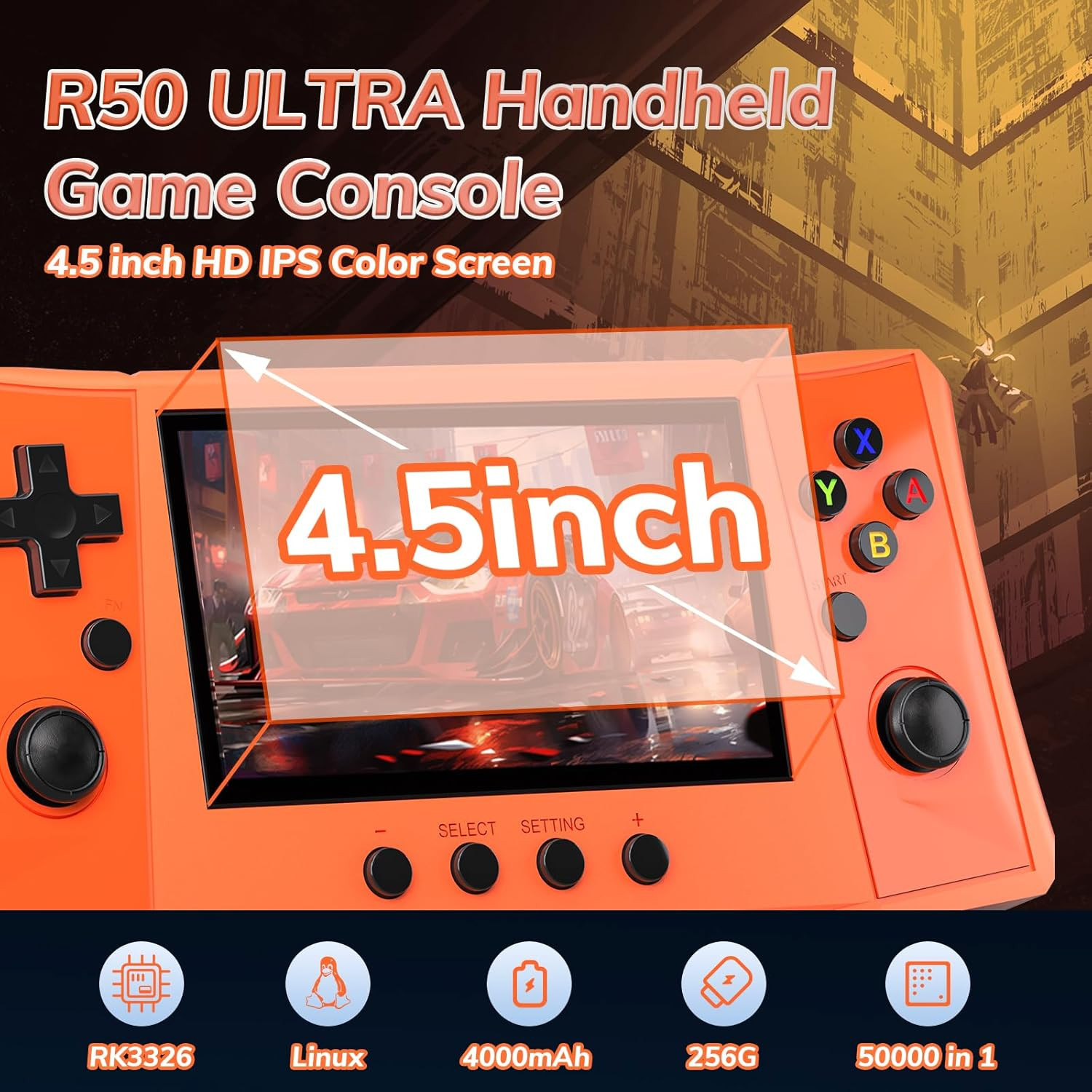 【50000 in 1】 R50 Ultra Handheld Game Console 4.5 Inch IPS Screen Mini Retro Cons