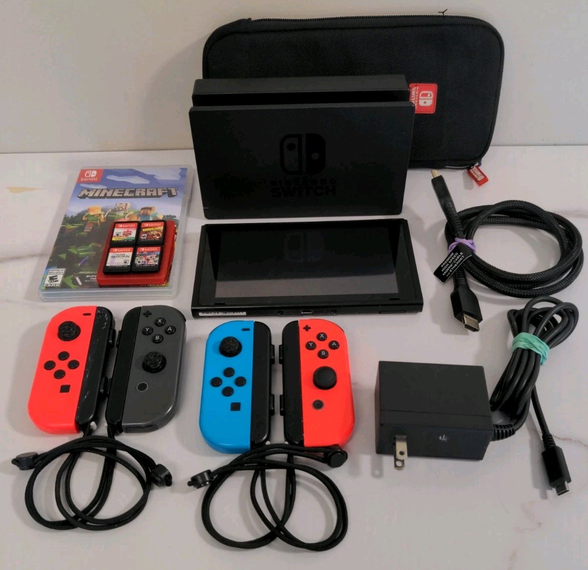 Nintendo Switch Lot Handheld Console Gray Joy-Cons 5 Games Carrying Case TESTED