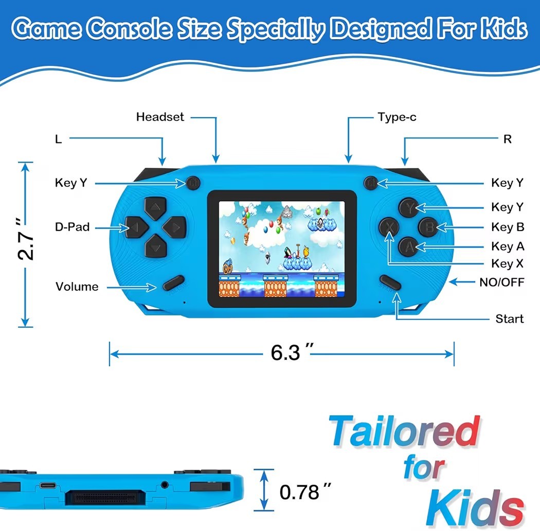 16 Bit Handheld Game for Kids, 3.0” Large Screen Retro Gaming Player, Preloaded