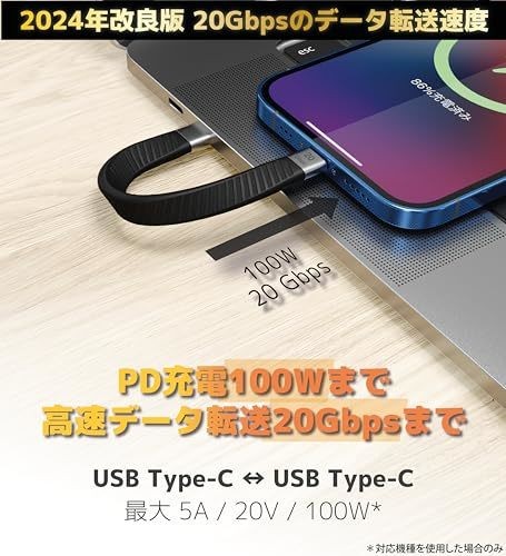 Ezo Flex USB-C to USB-C Flat Cable 13.5cm 20Gbps 100W PD Fast Charging