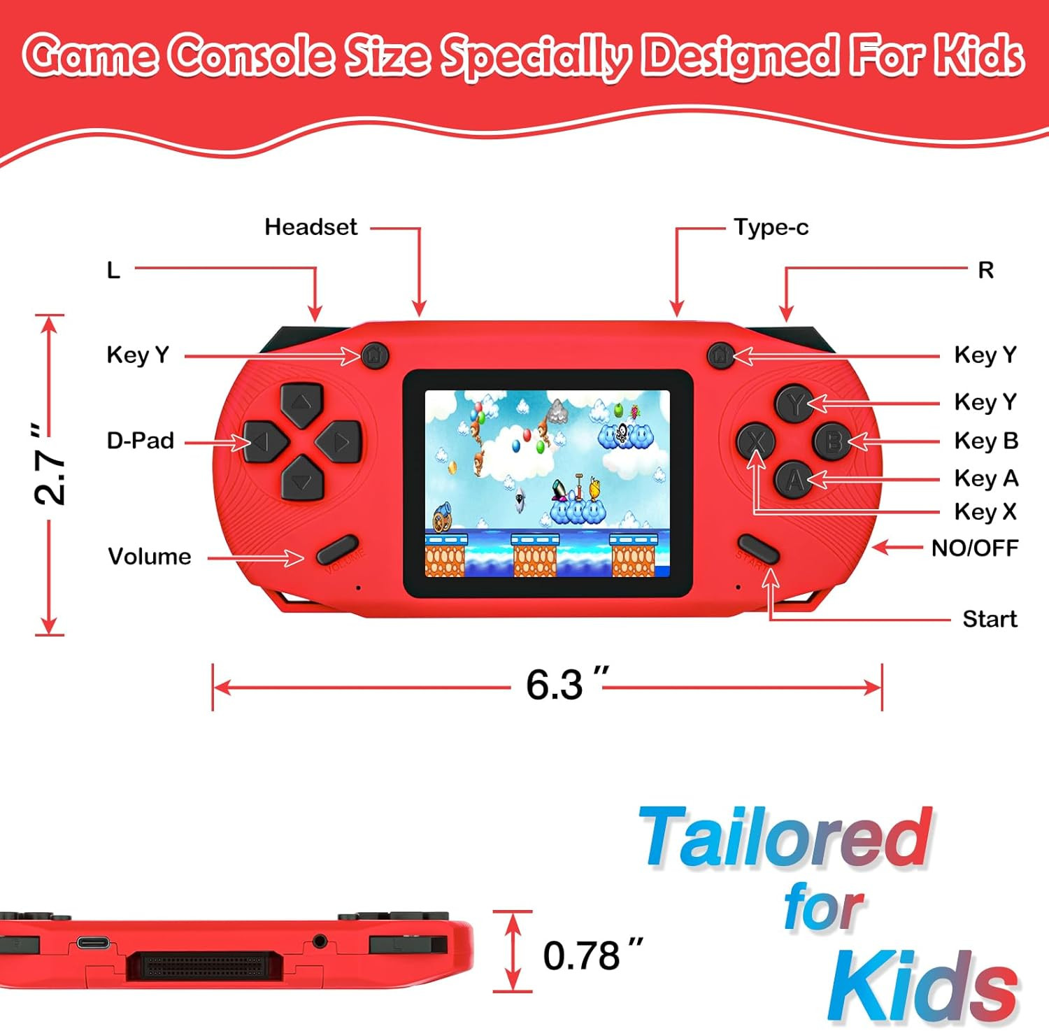 16 Bit Handheld Game for Kids, 3.0” Large Screen Retro Gaming Player, Preloaded