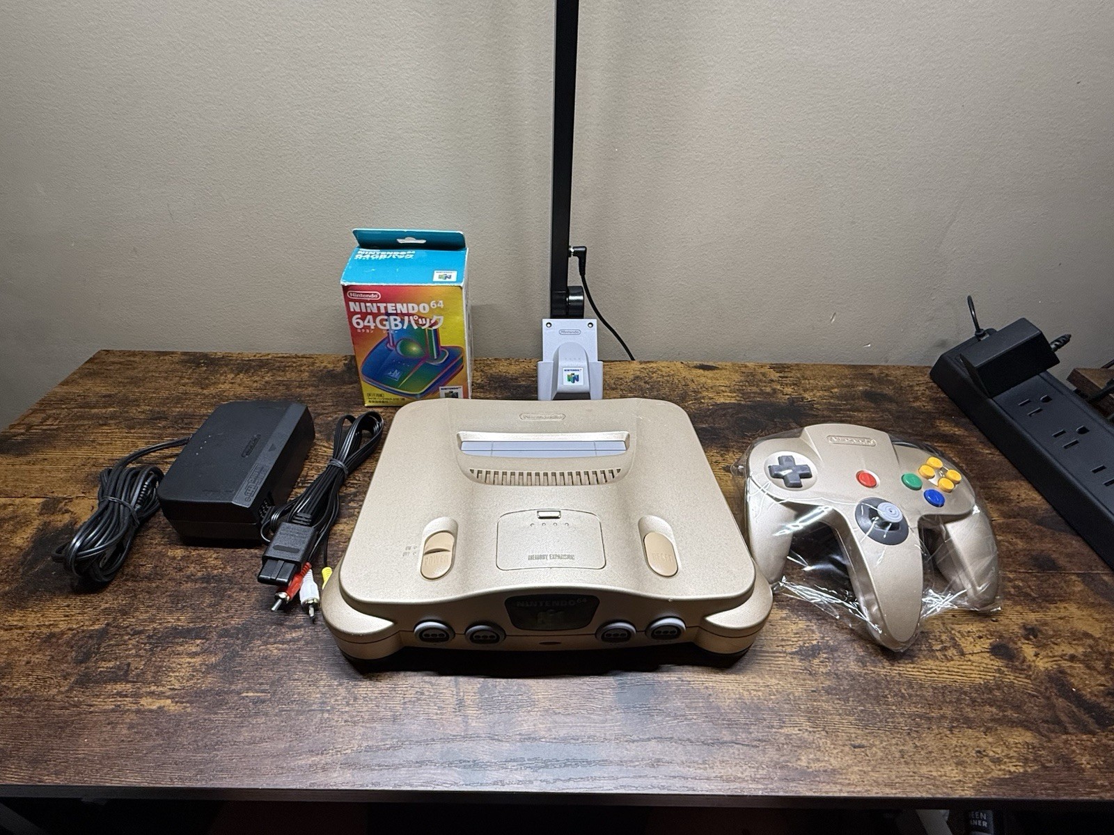 Gold Nintendo 64 Bundle W/ Transfer Pak & Rumble Pak TESTED & WORKING