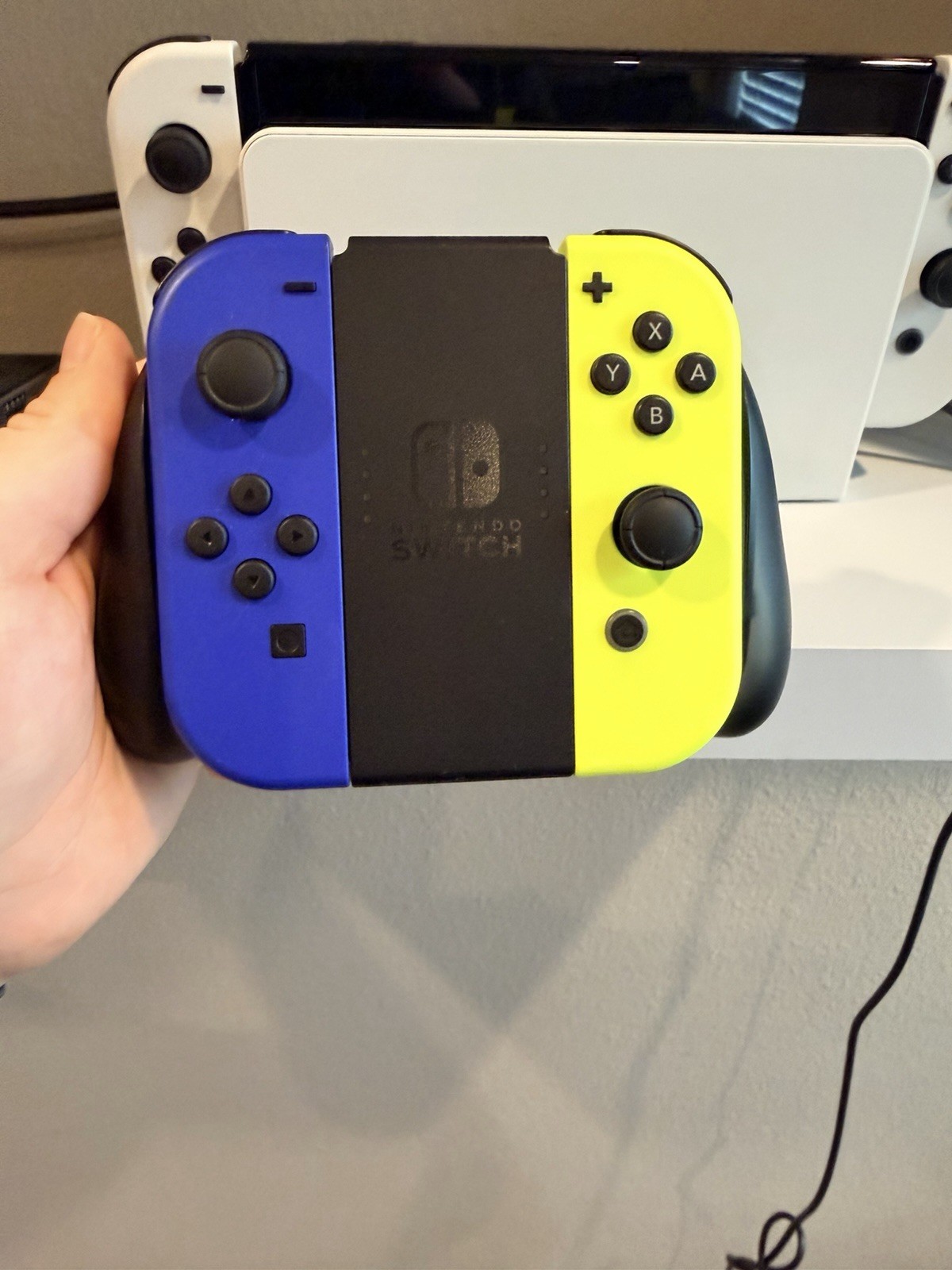 Nintendo Switch OLED Model Console White Joy-Con Dock Grip + Blue/Yellow Joy-Con
