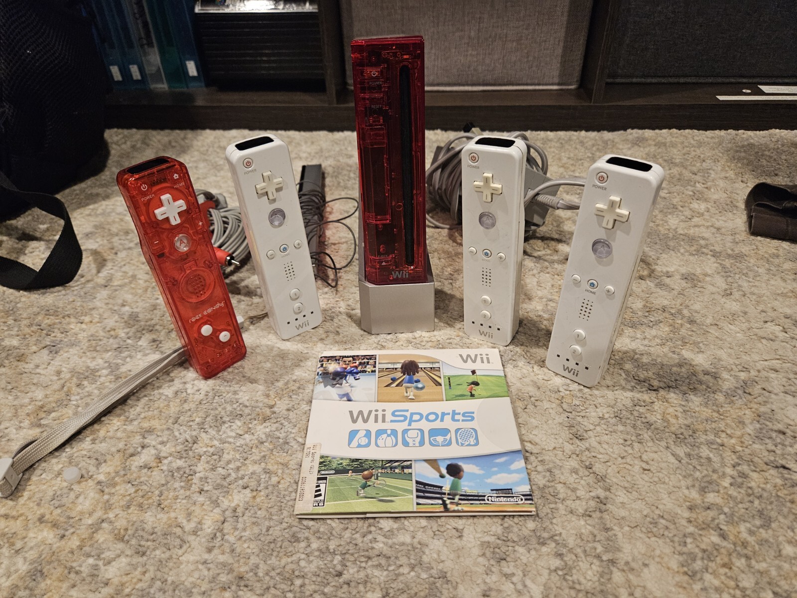 Red Wii Clear 4 Remotes Wii Sports Stand And Cables Bundle Lot