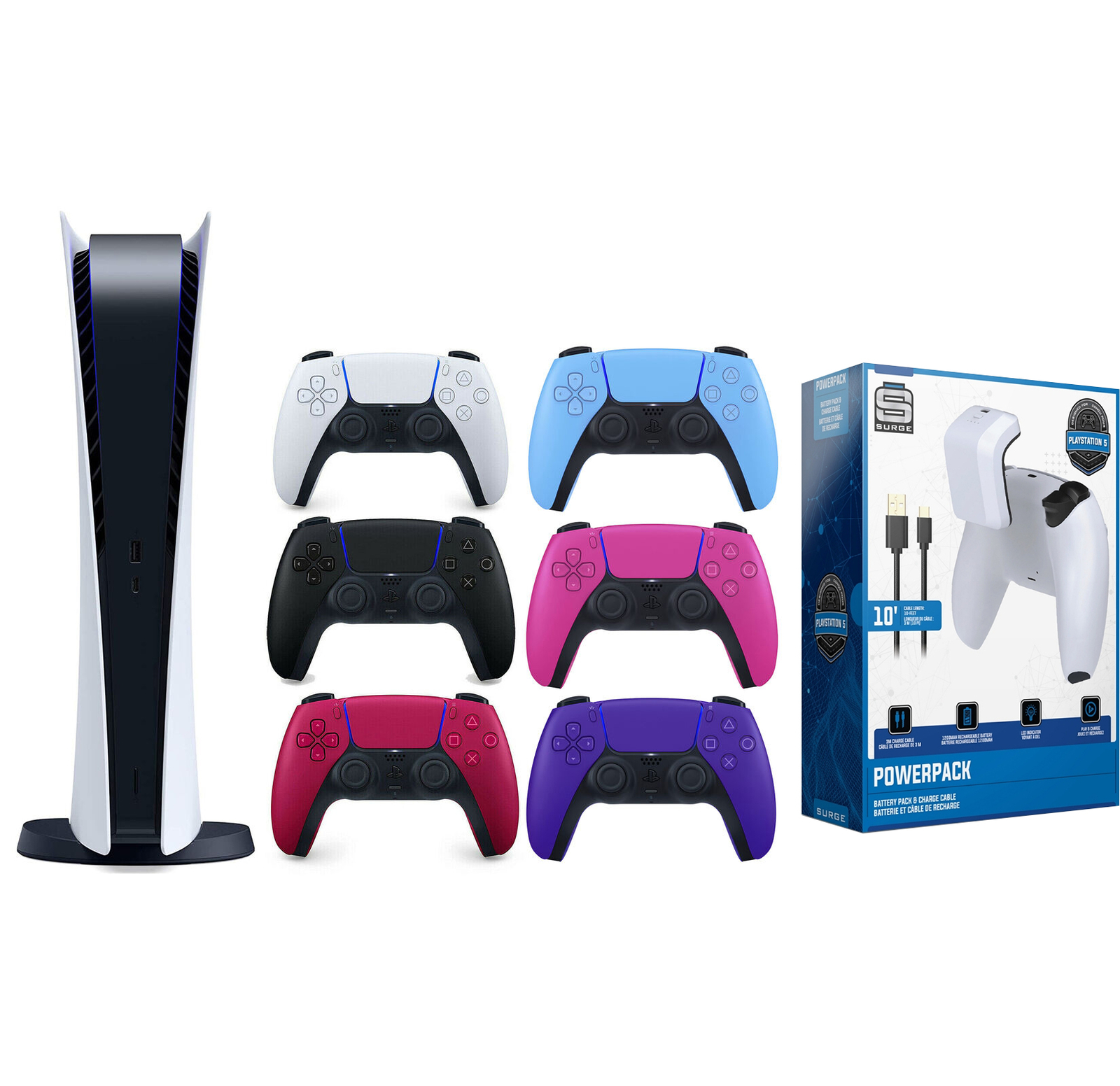 Sony Playstation 5 Digital with Extra Controller and Surge Battery Pack Bundle