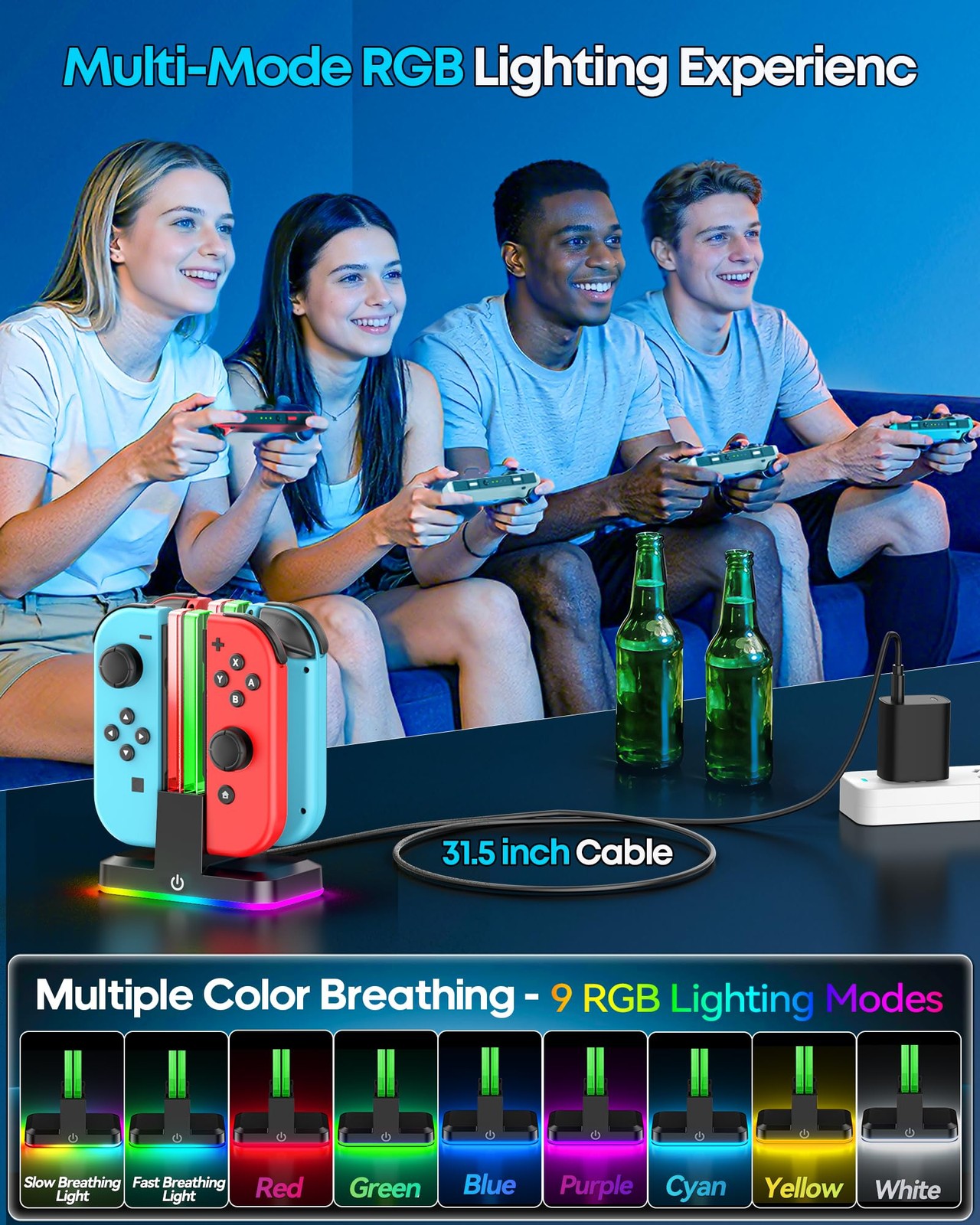 Switch Joycon Charger for SW 1 Model with 9 RGB Light Modes, Switch Controlle…
