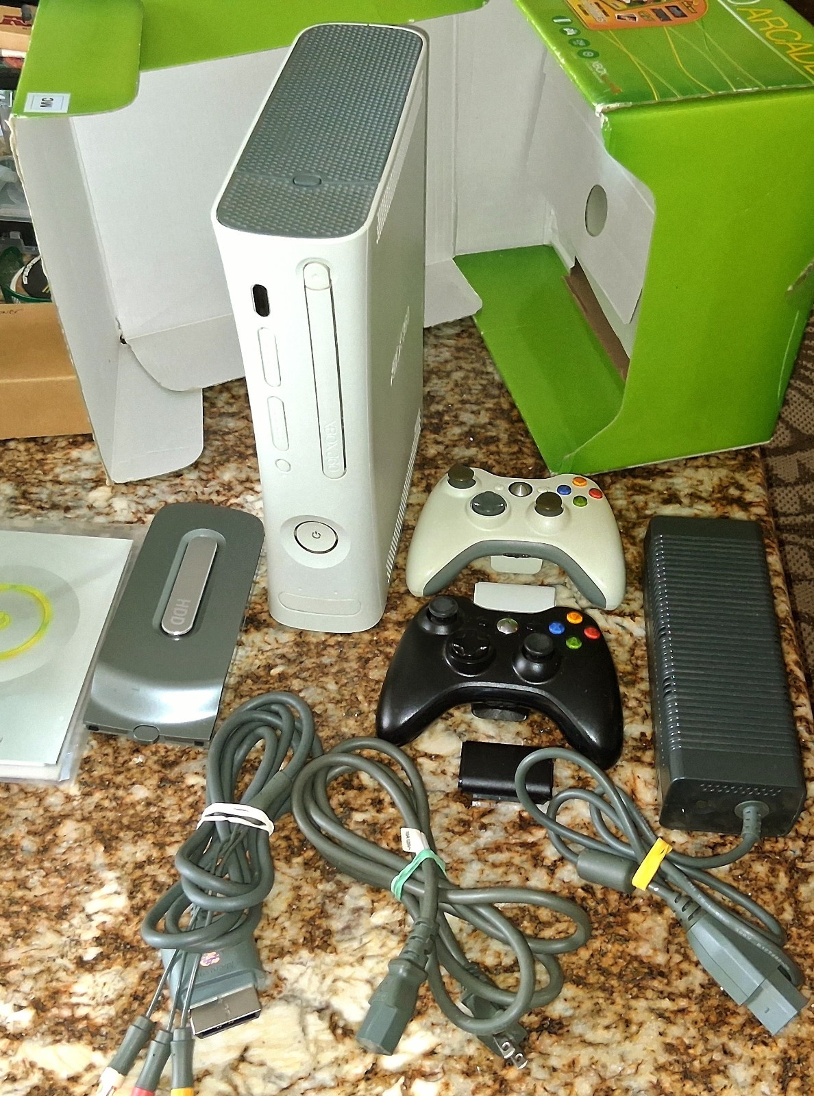 XBOX 360 ARCADE W/ 20GB HD AND 29 GAMES, 2 CONTROLLERS- EXCELLENT QUALITY