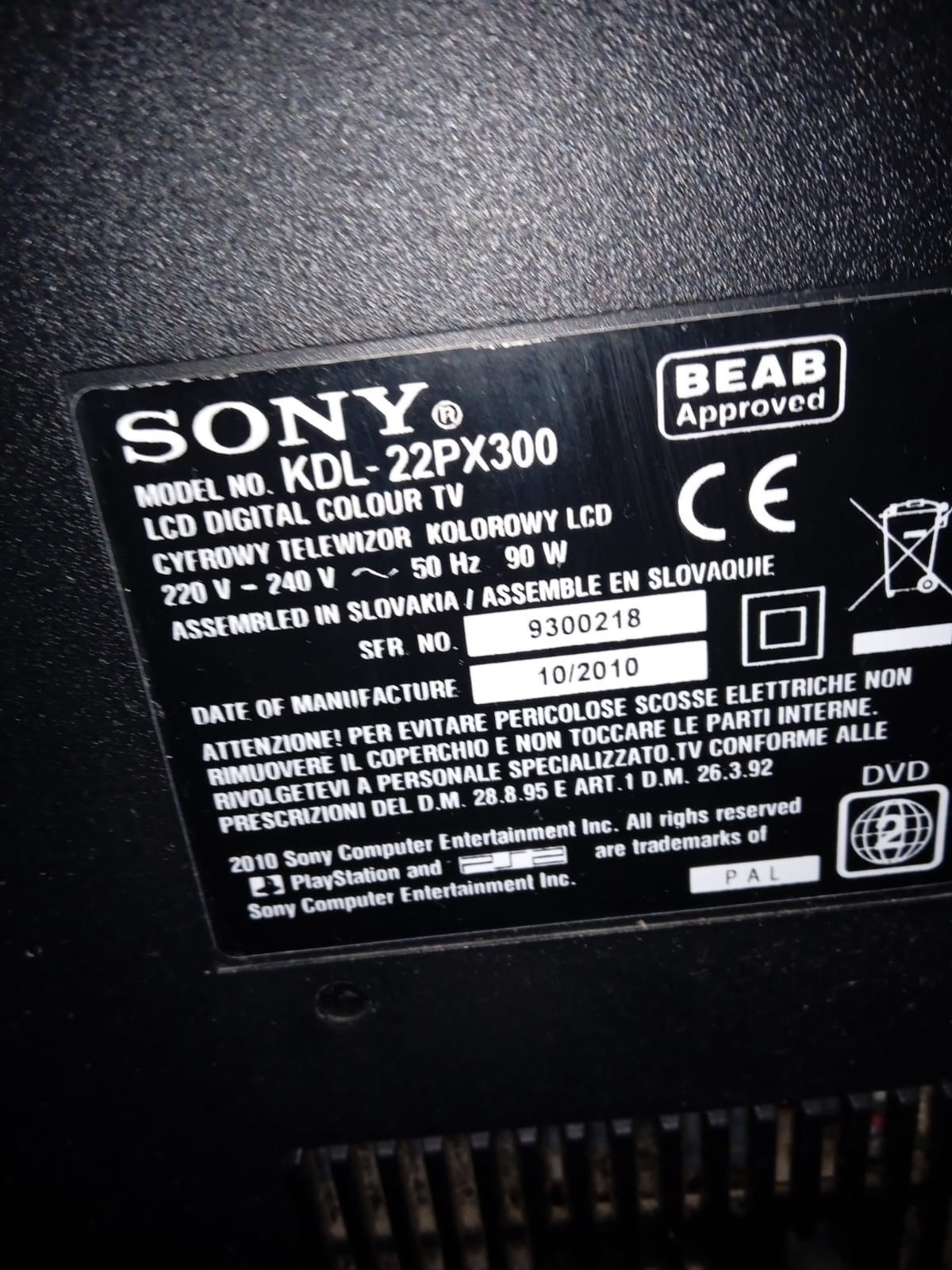 Play Station 2 Built-in TV Sony KDL-22PX300 Piece Never Seen