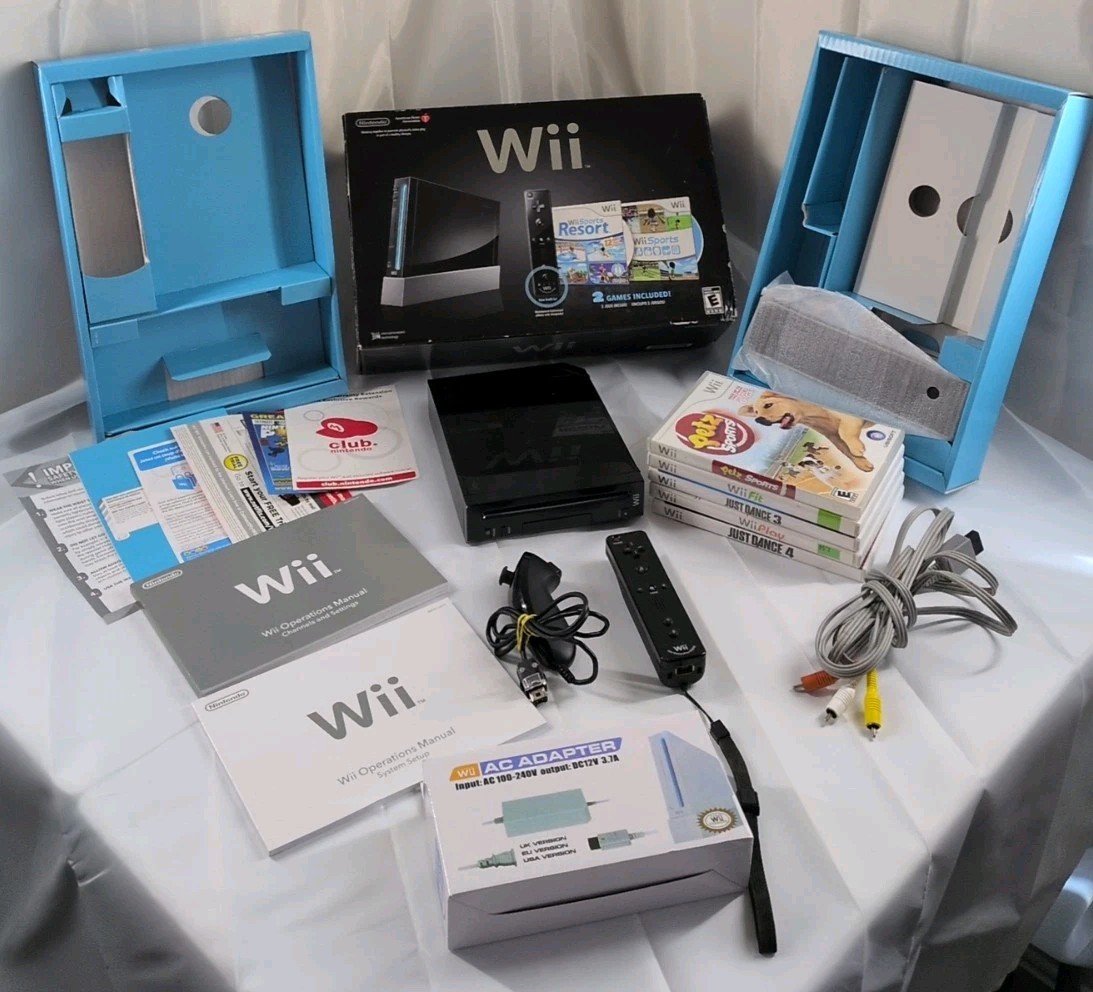 Nintendo Wii Black Console RVL-101 American Heart Association Box Bundle 5 Games