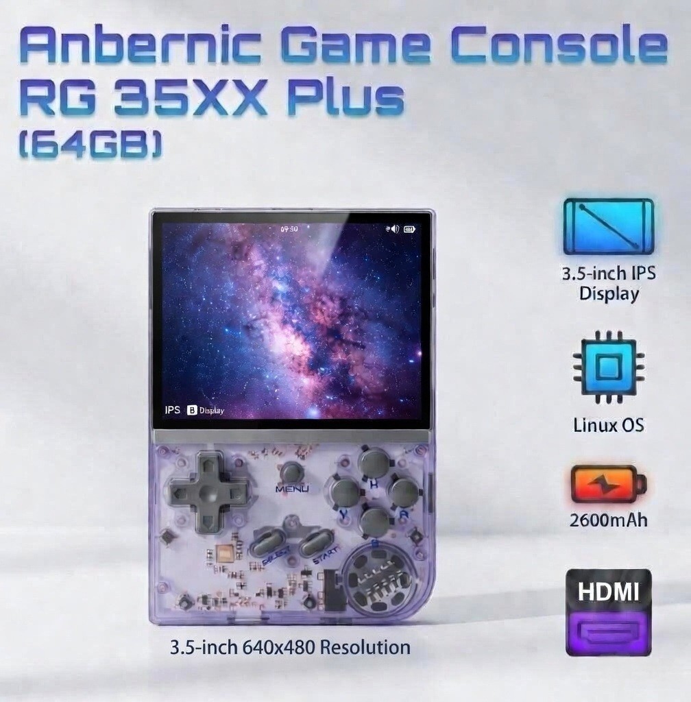 Anbernic RG35XX Plus 64GB Clear Purple Handheld Linux Quad Core Gaming Console