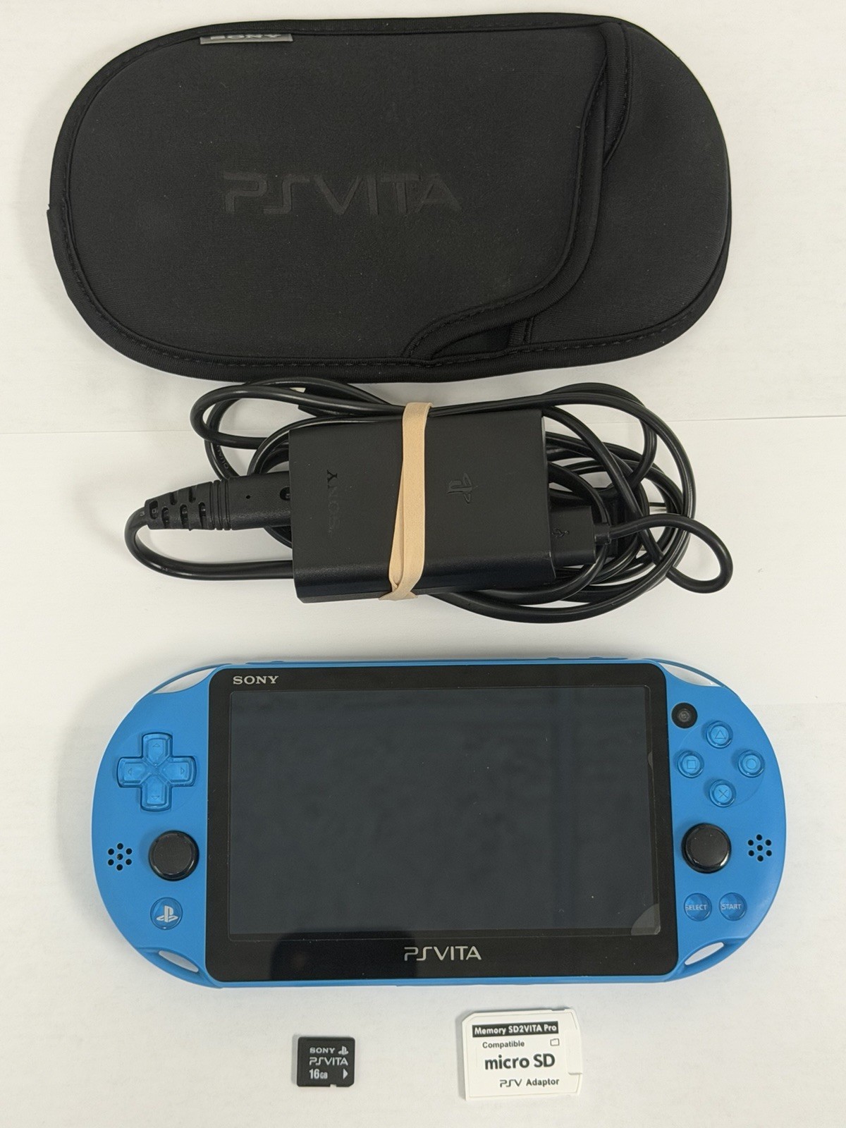 PS Vita PCH-2000 Aqua Blue SONY PlayStation 16GB, Charger, and Soft Case