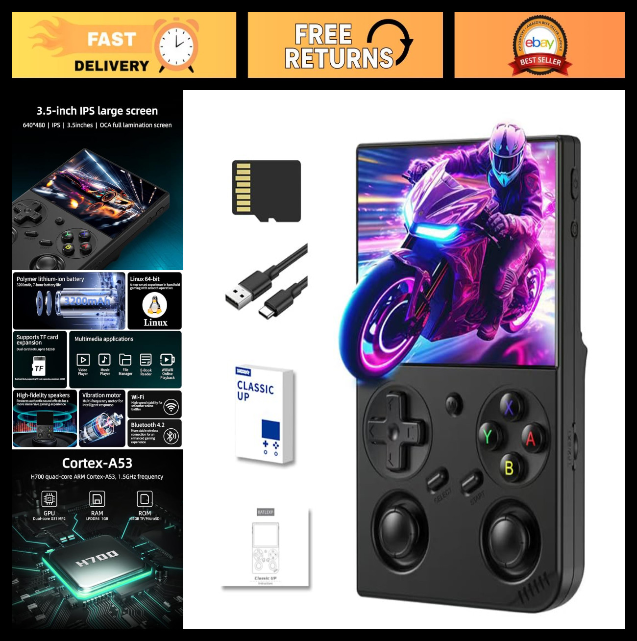 Retro Handheld Game Console 64GB, 4353 Games, 3.5″ IPS, WiFi, Bluetooth, HD Outp