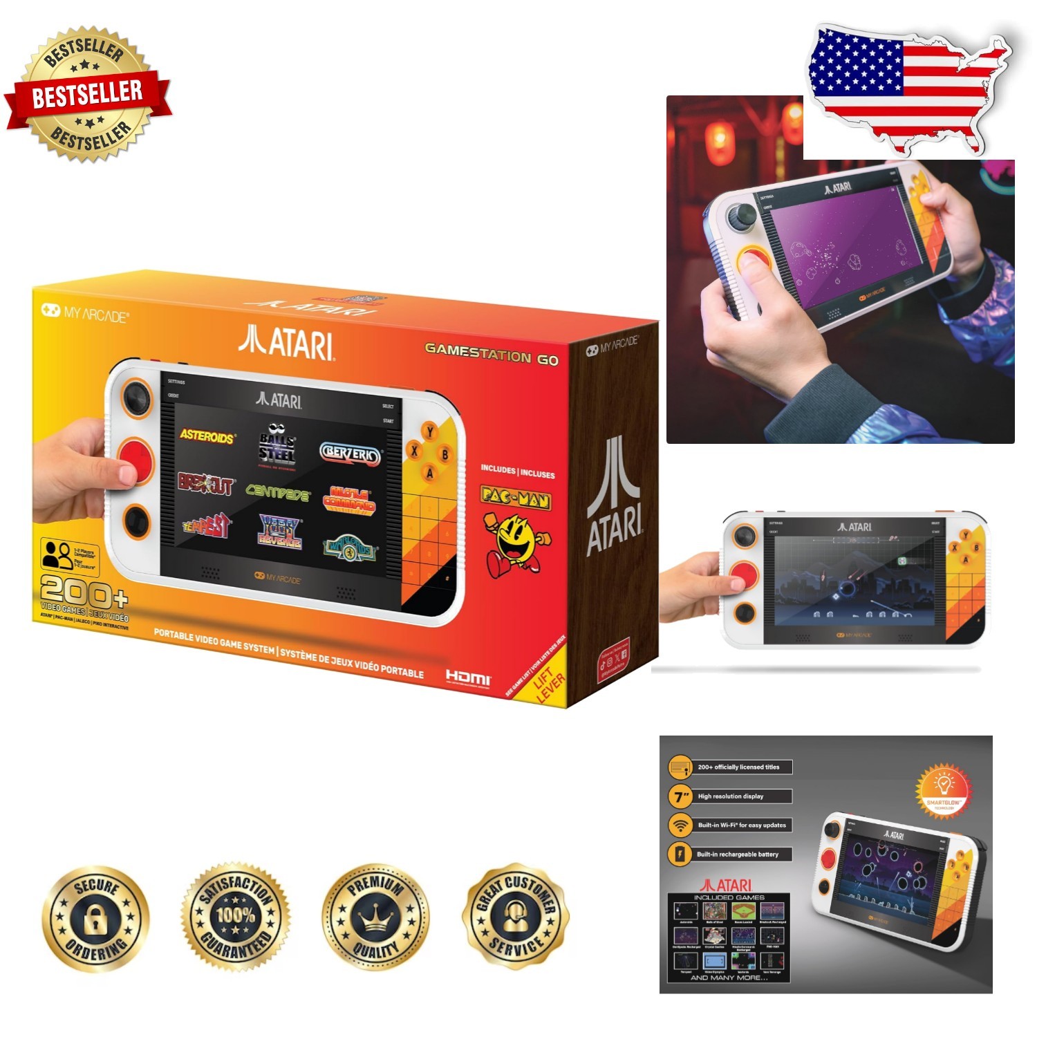 Atari Gamestation Go 7″ LCD, 200+ Built-in Games, Rechargeable, SmartGlow, Wi-Fi