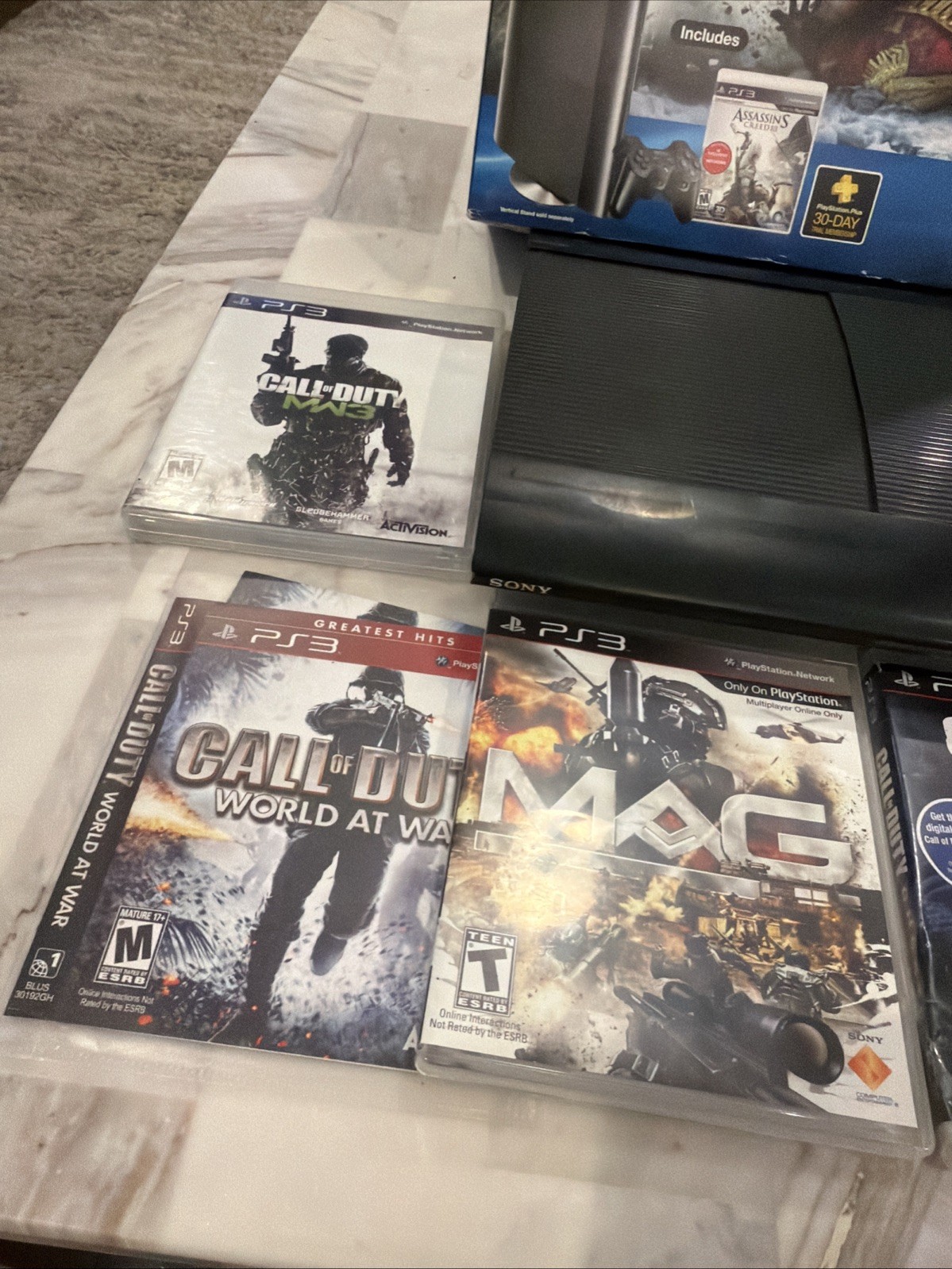 Sony PS3 Super Slim 250GB Console CIB Bundle 2 OEM Controllers 5 Games